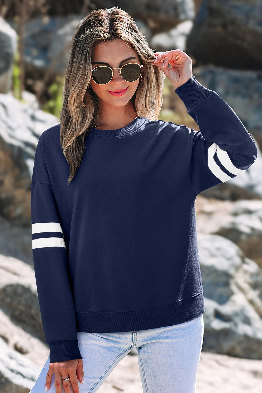 Navy Blue Varsity Striped Detail Drop Shoulder Oversized Sweatshirt-Tops/Sweatshirts & Hoodies-[Adult]-[Female]-2022 Online Blue Zone Planet