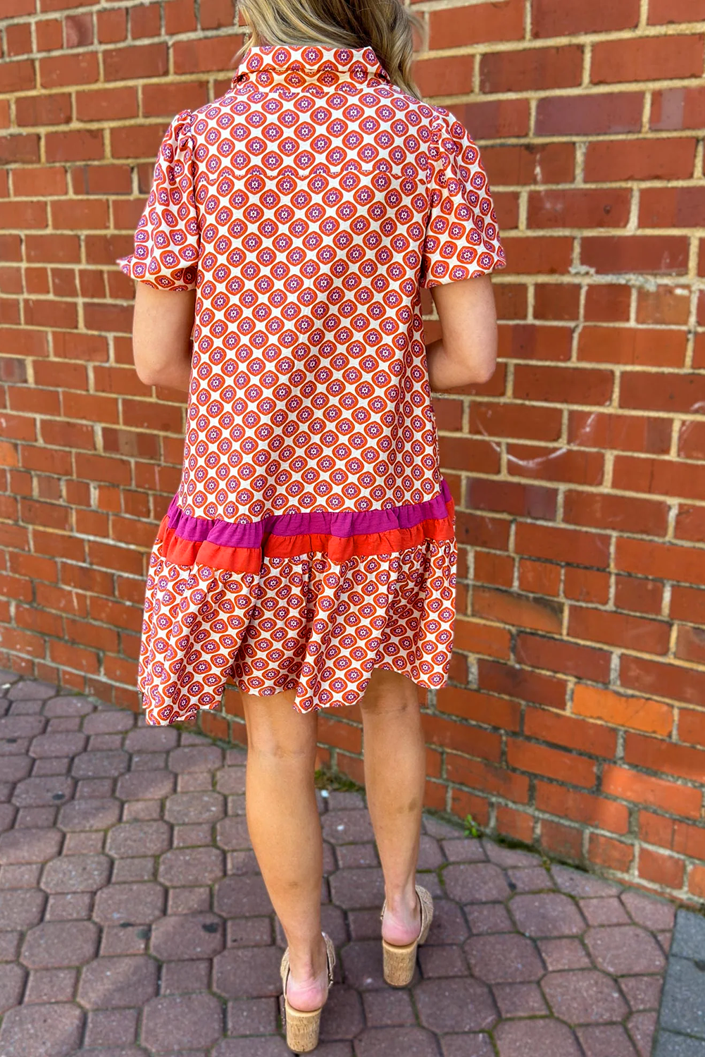 Orange Geometric Floral Print Color Block Trim Button Front Ruffle Hem Dress-TOPS / DRESSES-[Adult]-[Female]-2022 Online Blue Zone Planet