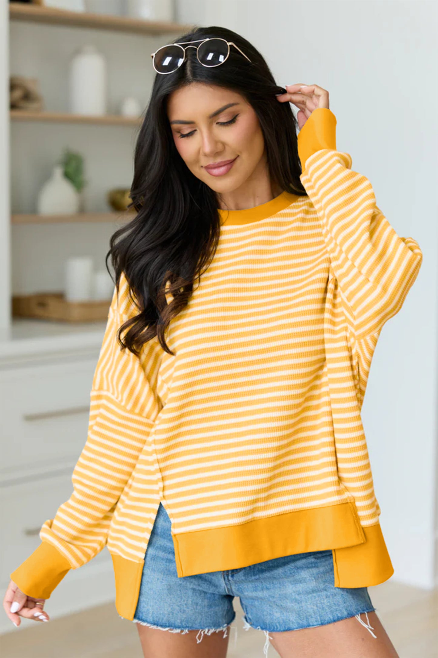 Khaki Stripe Textured Knit Color Block Trim Split Hem Long Sleeve Top-Tops/Long Sleeve Tops-[Adult]-[Female]-2022 Online Blue Zone Planet