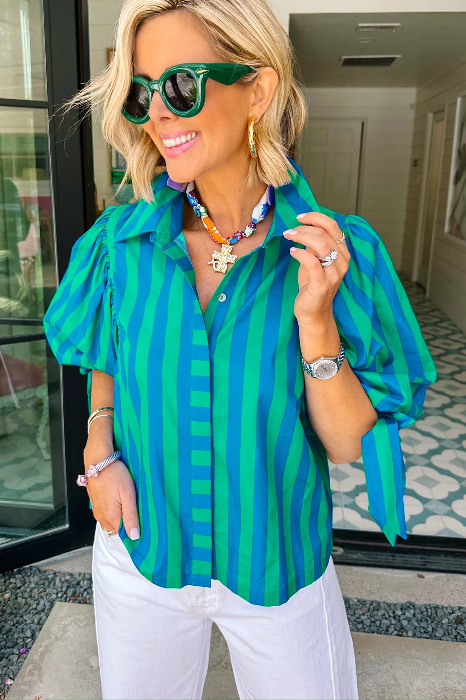 Blue Stripe Tie Puff Sleeve Womens Button Down Shirt-Tops/Blouses & Shirts-[Adult]-[Female]-2022 Online Blue Zone Planet