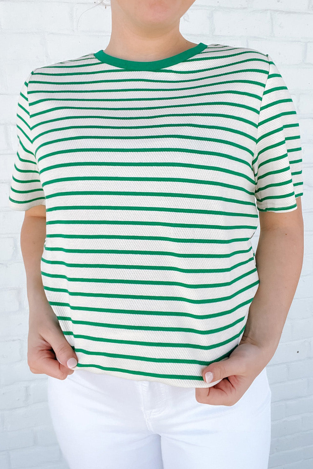 Green Stripe Plus Size St Patricks Day Round Neck T Shirt-Plus Size/Plus Size Tops/Plus Size Tops & Tees-[Adult]-[Female]-Green Stripe-1X-2022 Online Blue Zone Planet