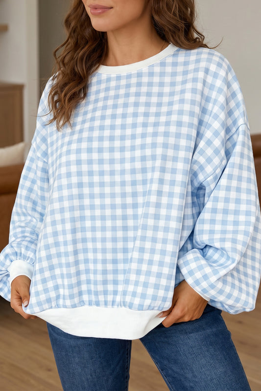 Light Blue Plaid Round Neck Long Sleeve Sweatshirt-Tops/Sweatshirts & Hoodies-[Adult]-[Female]-Light Blue-S-2022 Online Blue Zone Planet