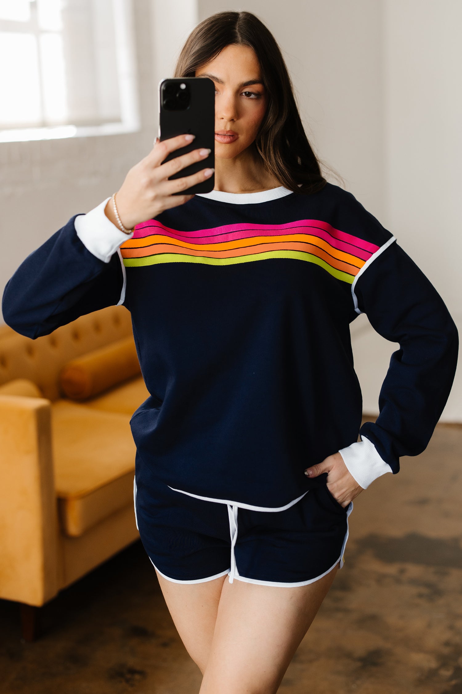 Bluing Colorful Striped Accent Varsity Long Sleeve Pullover and Shorts Matching Set-Two Piece Sets/Short Sets-[Adult]-[Female]-2022 Online Blue Zone Planet