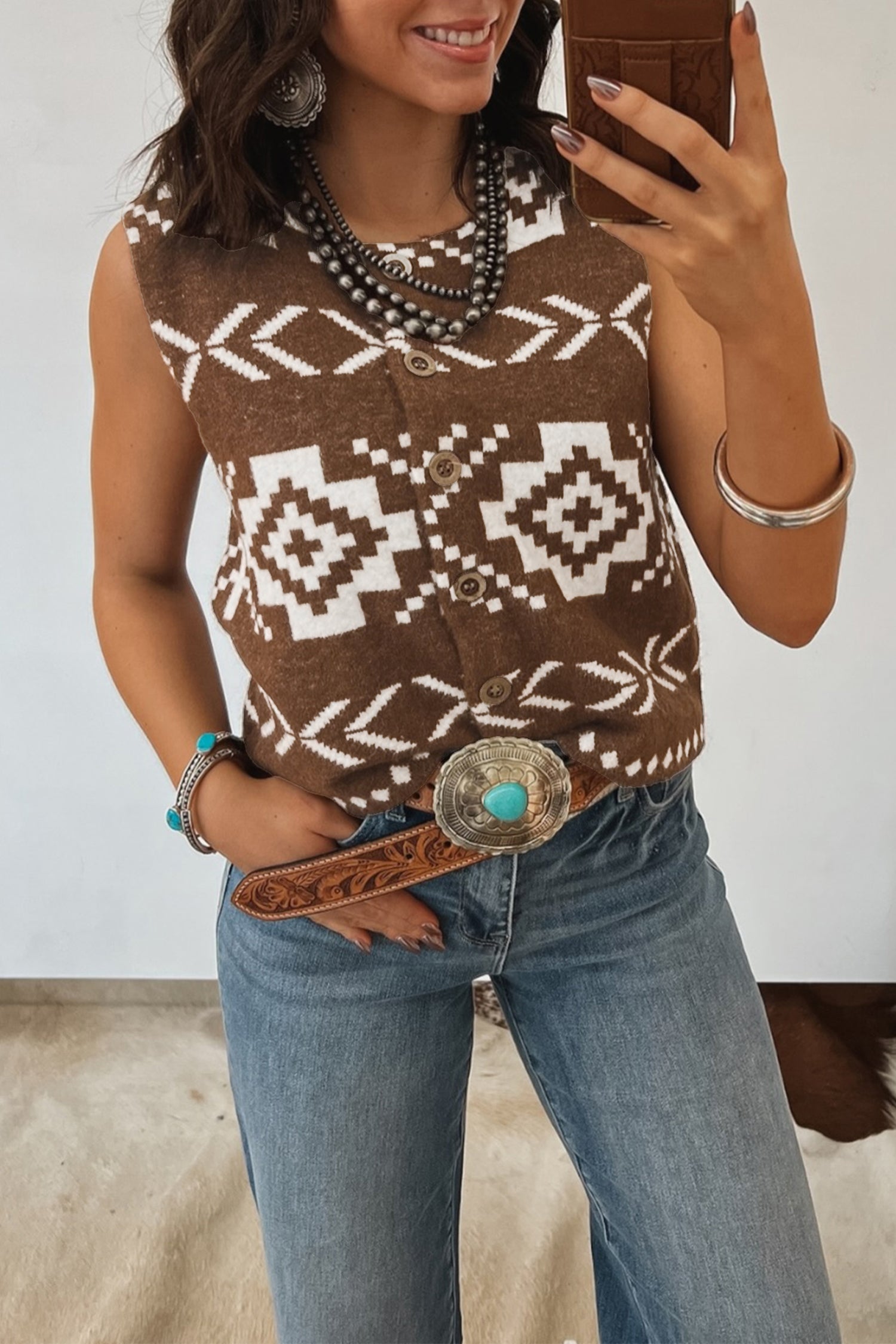 Brown Southwestern Aztec Button Square Neck Sweater Vest-Sweaters & Cardigans/Sweater Vests-[Adult]-[Female]-Brown-S-2022 Online Blue Zone Planet