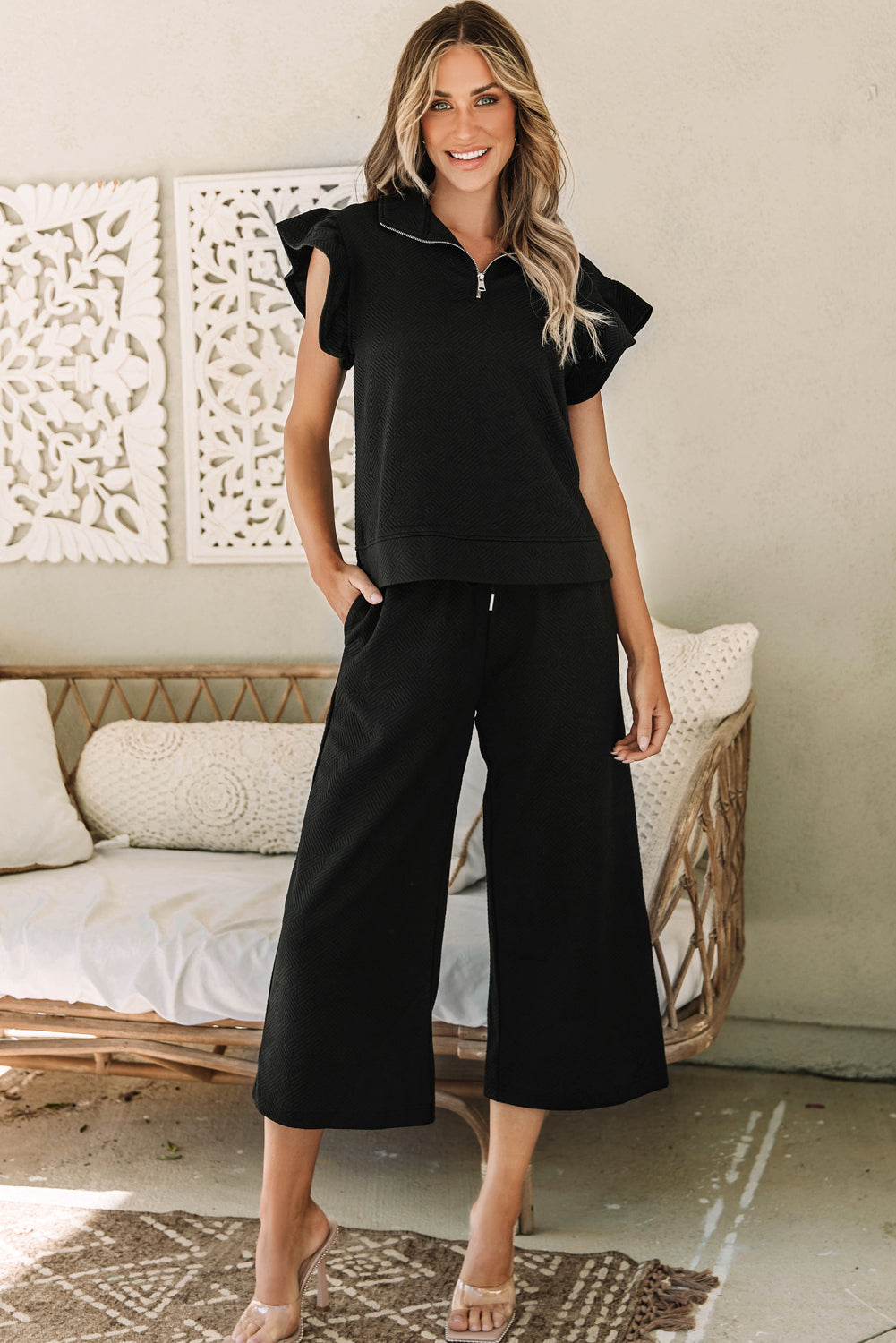 Black Textured Flutter Sleeve Top Wide Leg Pants Set-Two Piece Sets/Pant Sets-[Adult]-[Female]-Black-S-2022 Online Blue Zone Planet
