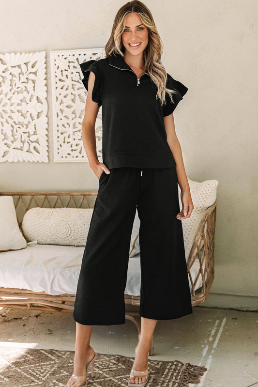Black Textured Flutter Sleeve Top Wide Leg Pants Set-Two Piece Sets/Pant Sets-[Adult]-[Female]-Black-S-2022 Online Blue Zone Planet