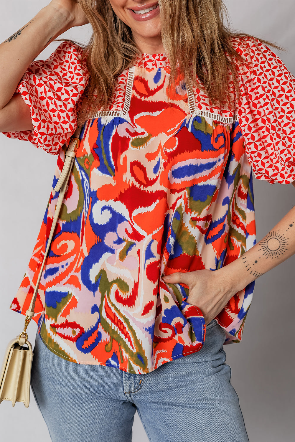 Red Paisley Geometric Mixed Print Patchwork Puff Sleeve Blouse Top-Tops/Blouses & Shirts-[Adult]-[Female]-2022 Online Blue Zone Planet