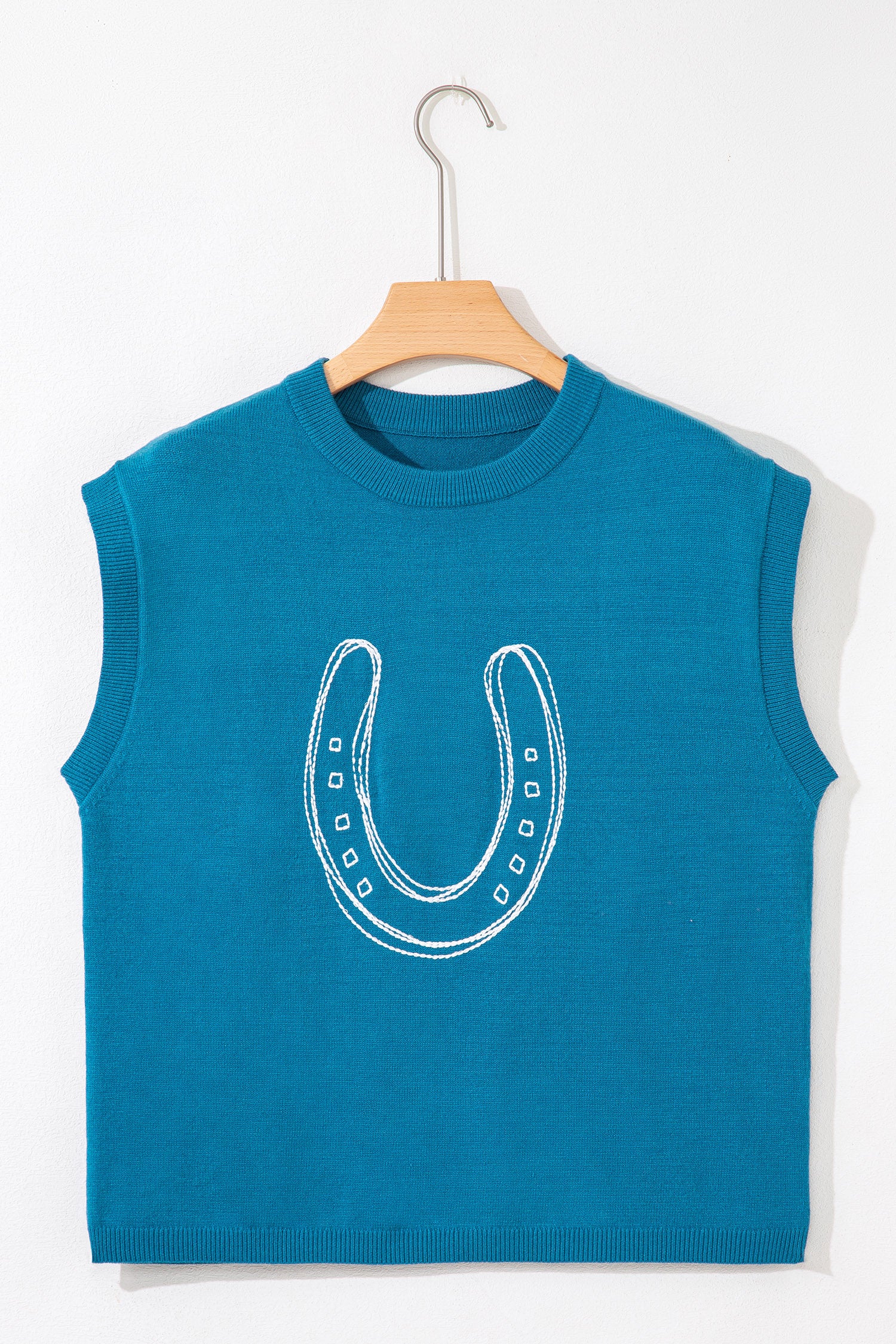 Light Blue Horse Shoe Embroidered Loose Short Sleeve Sweater-TOPS / DRESSES-[Adult]-[Female]-2022 Online Blue Zone Planet