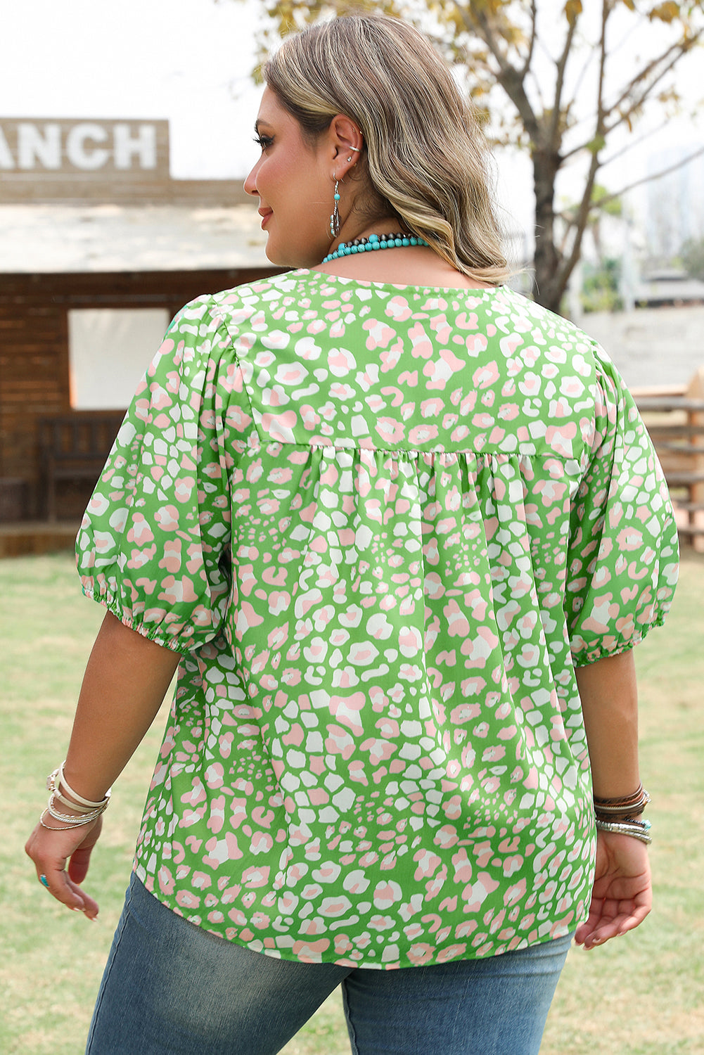 Green Plus Size Floral Tassel Tie Split Neck Puff Sleeve Blouse-Plus Size/Plus Size Tops/Plus Size Blouses & Shirts-[Adult]-[Female]-2022 Online Blue Zone Planet