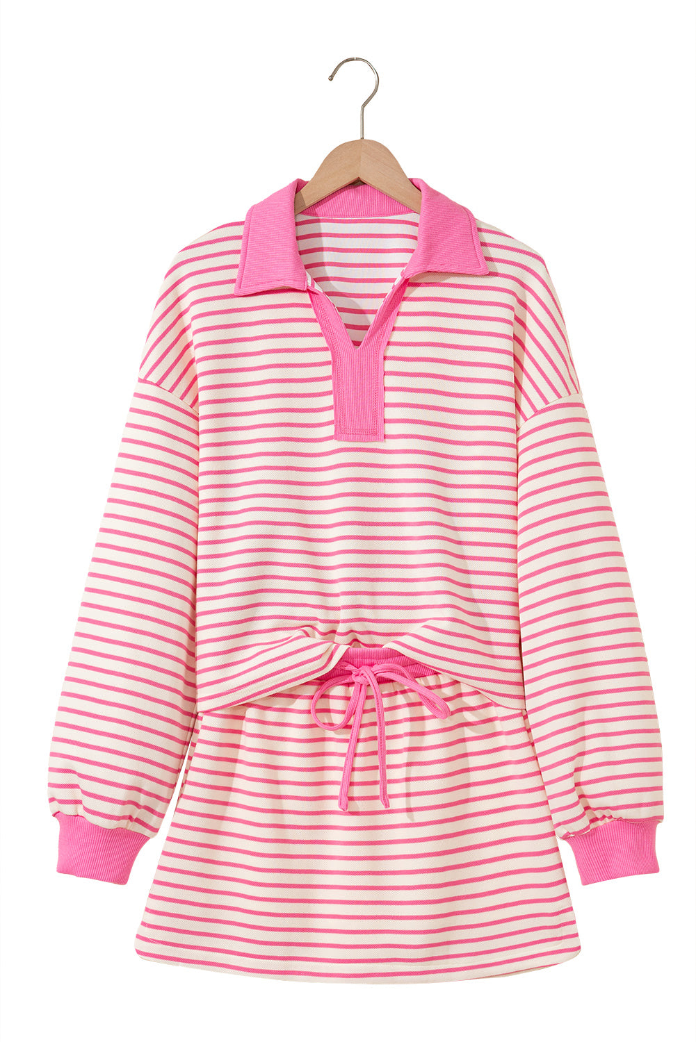 Pink Stripe Collared V Neck Drop Shoulder Pullover And Skort 2Pcs Outfit-Two Piece Sets/Two Piece Dresses-[Adult]-[Female]-2022 Online Blue Zone Planet