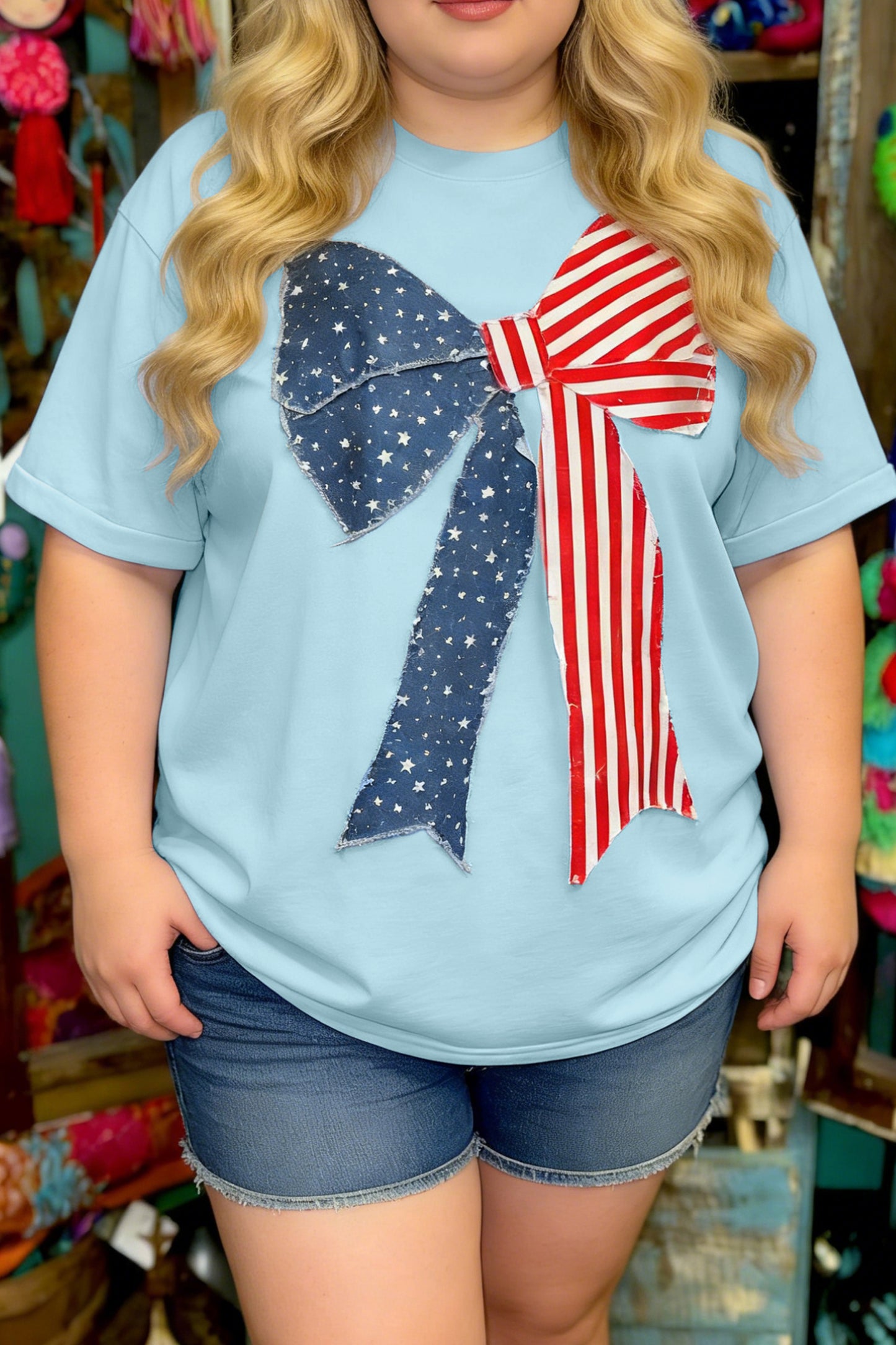 Beau Blue Plus Size Patriotic Bow Patchwork Graphic T-Shirt-Plus Size/Plus Size Tops/Plus Size Tops & Tees-[Adult]-[Female]-Beau Blue-1X-2022 Online Blue Zone Planet