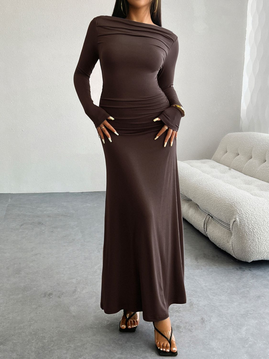 Ruched Long Sleeve Maxi Dress-TOPS / DRESSES-[Adult]-[Female]-Coffee Brown-S-2022 Online Blue Zone Planet