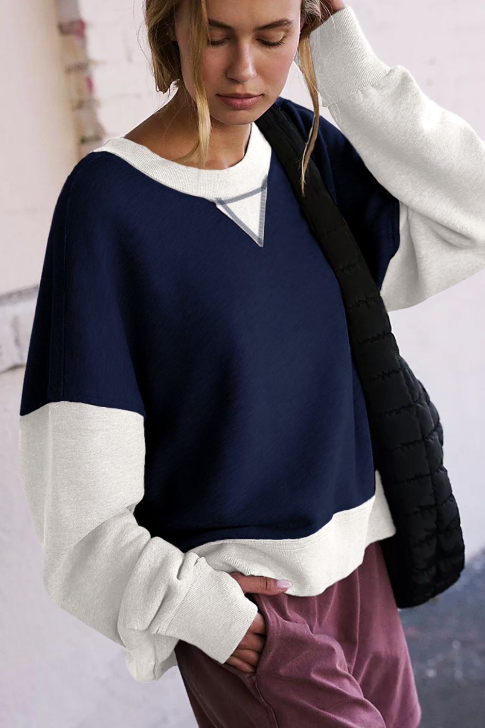 Color Block Round Neck Long Sleeve Sweatshirt-TOPS / DRESSES-[Adult]-[Female]-2022 Online Blue Zone Planet