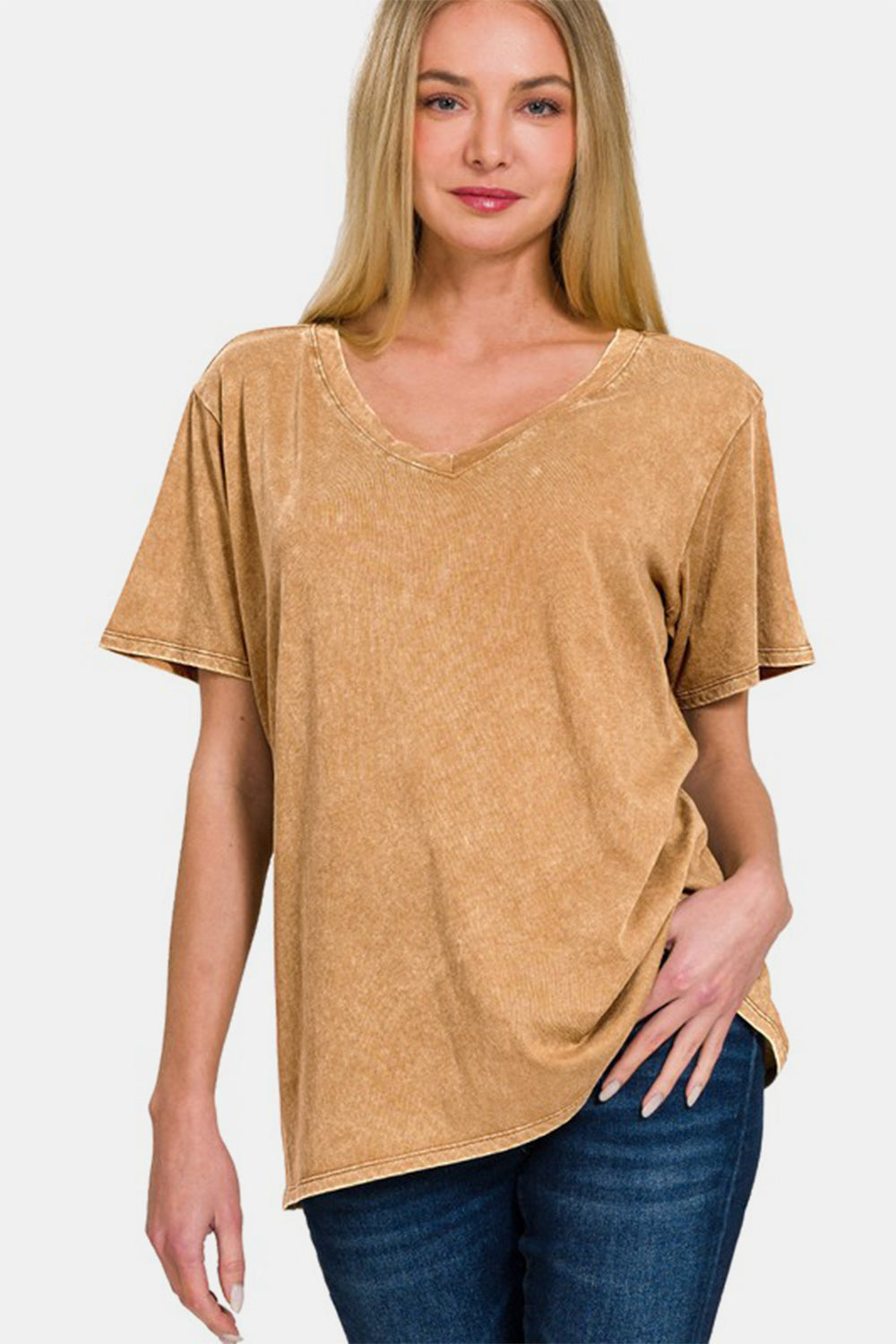 Zenana Full Size Washed Short Sleeve V-Neck T-Shirt-TOPS / DRESSES-[Adult]-[Female]-Camel-S-2022 Online Blue Zone Planet