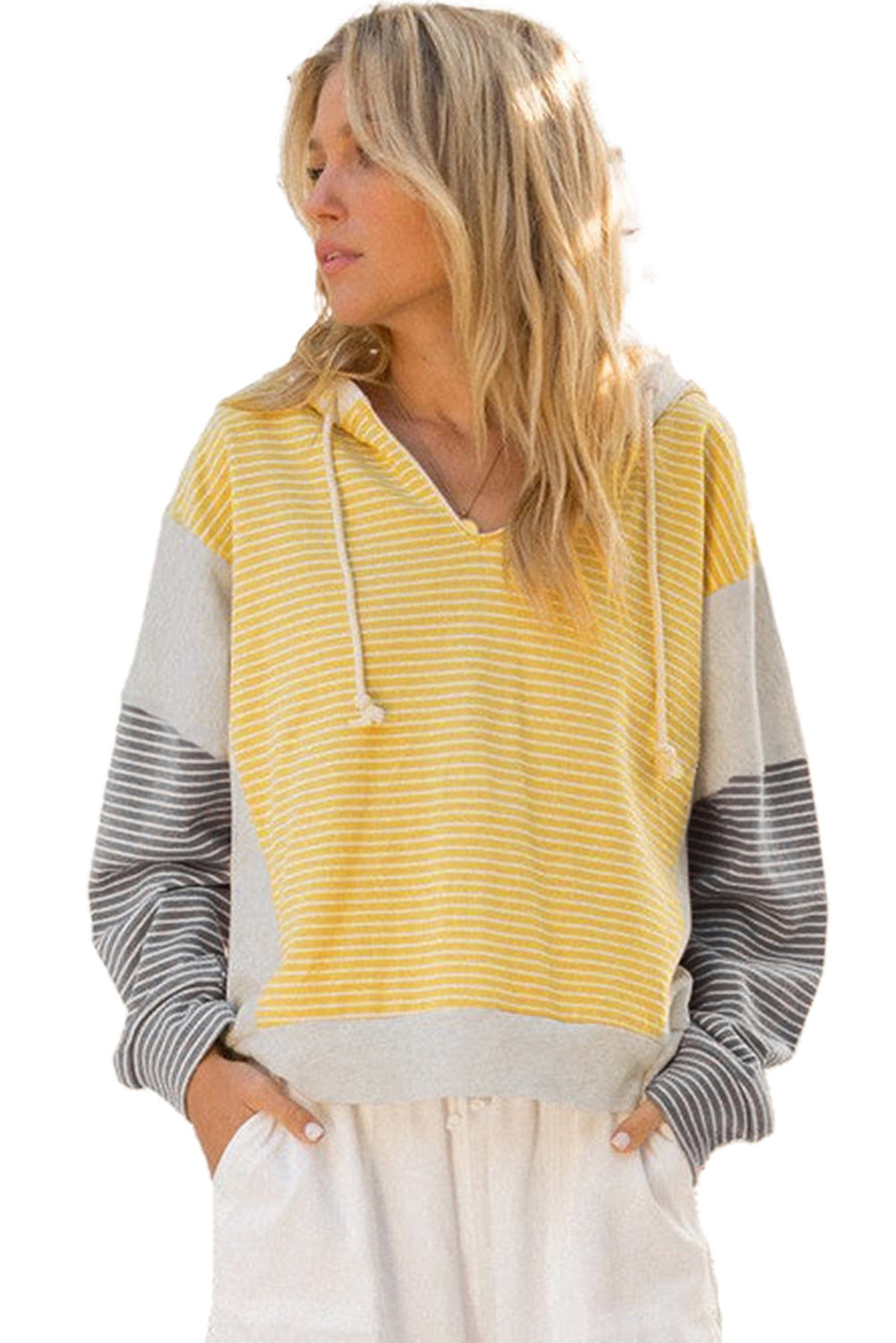 Yellow Stripe Color Block Drawstring V Neck Loose Fit Hooded Top-Tops/Sweatshirts & Hoodies-[Adult]-[Female]-2022 Online Blue Zone Planet