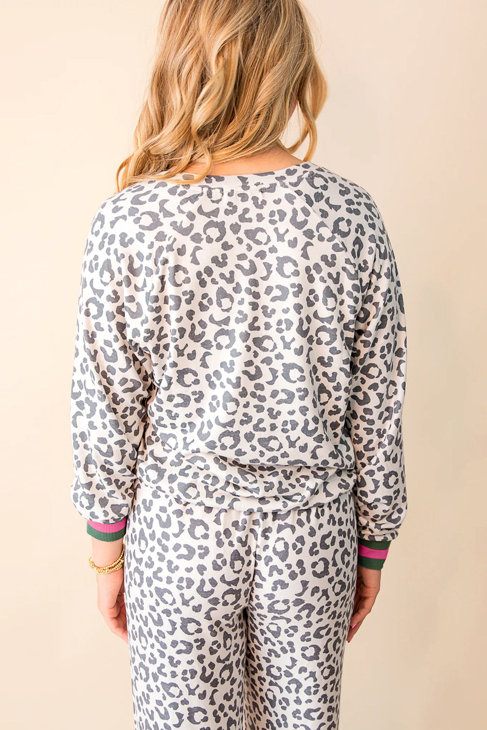 Gray V Neck Leopard Long Sleeve Top Striped Webbing Patchwork Drawstring Pant Set-Two Piece Sets/Pant Sets-[Adult]-[Female]-2022 Online Blue Zone Planet