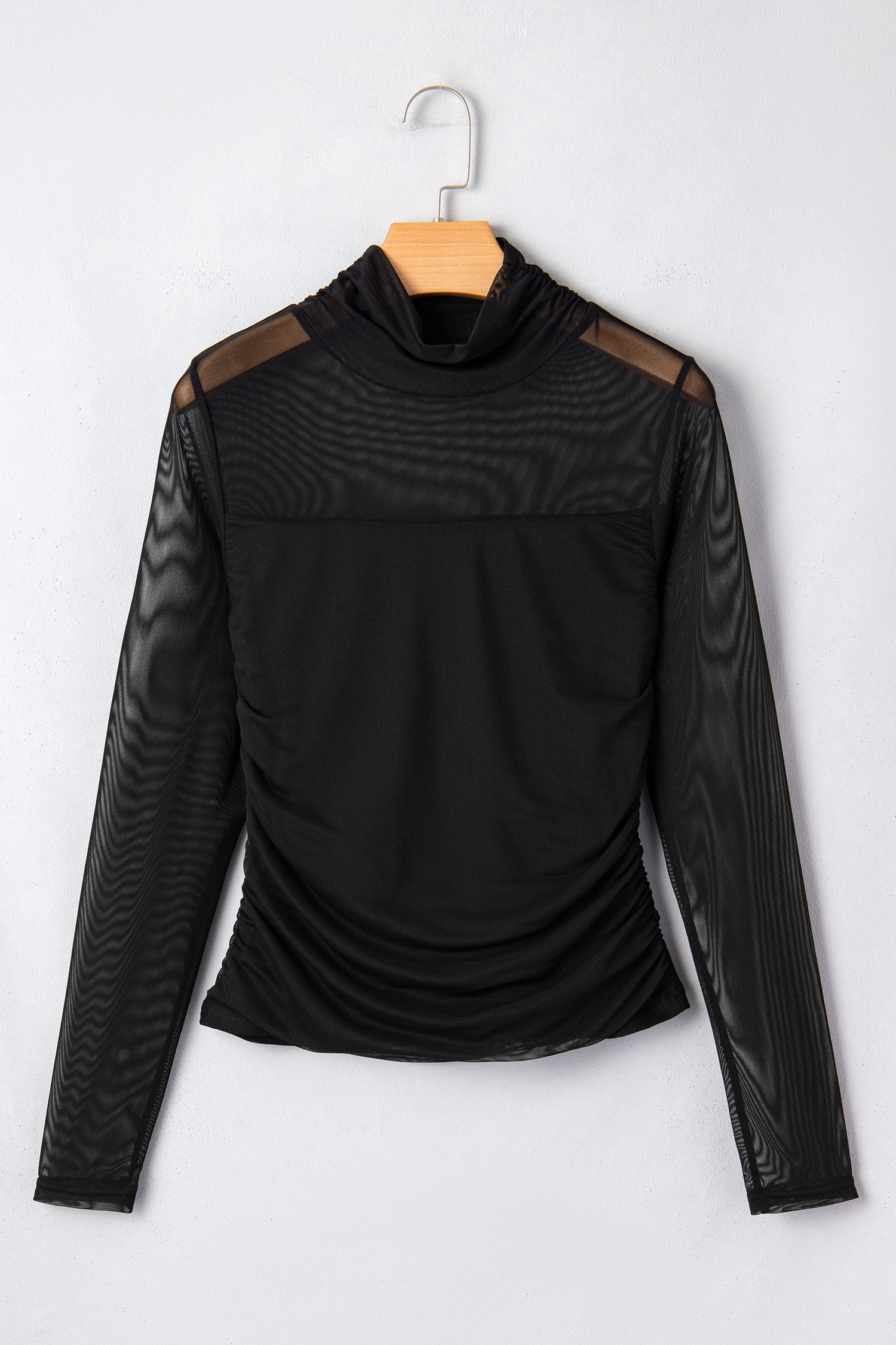 Black Sheer Mesh Patchwork High Neck Long Sleeve Top-Tops/Long Sleeve Tops-[Adult]-[Female]-2022 Online Blue Zone Planet