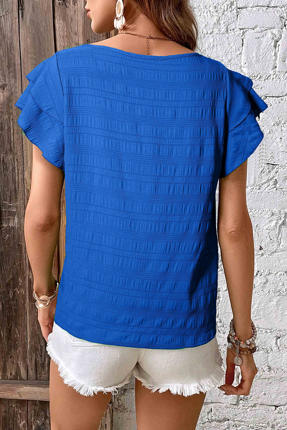 Dark Blue Textured Ruffled Sleeve Round Neck Top-Tops/Tops & Tees-[Adult]-[Female]-2022 Online Blue Zone Planet