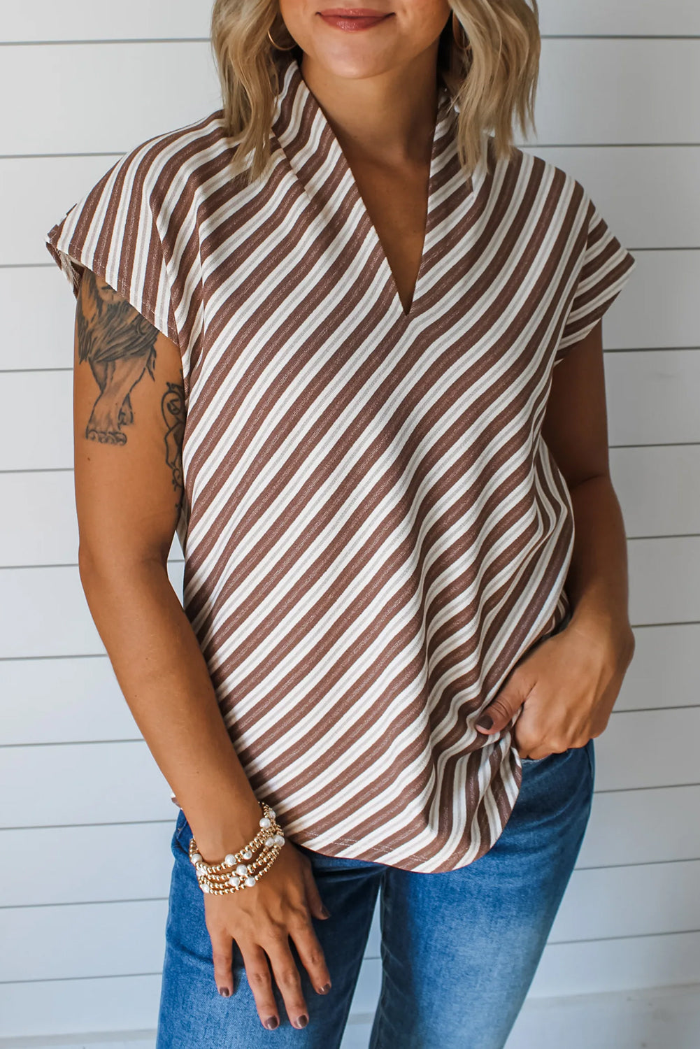Chestnut Striped Stand V Neck Short Sleeve Blouse-Tops/Blouses & Shirts-[Adult]-[Female]-Chestnut-S-2022 Online Blue Zone Planet
