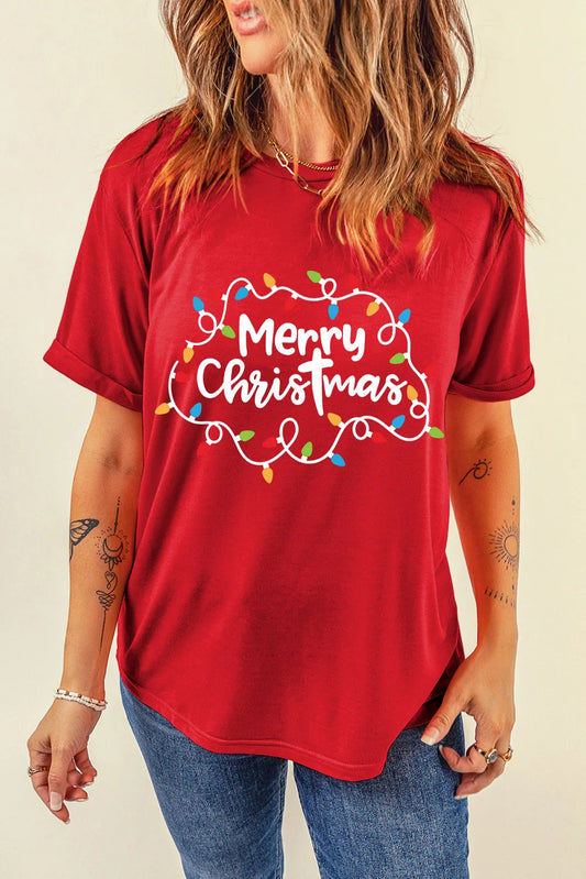 MERRY CHRISTMAS Round Neck Short Sleeve T-Shirt-TOPS / DRESSES-[Adult]-[Female]-Deep Red-S-2022 Online Blue Zone Planet