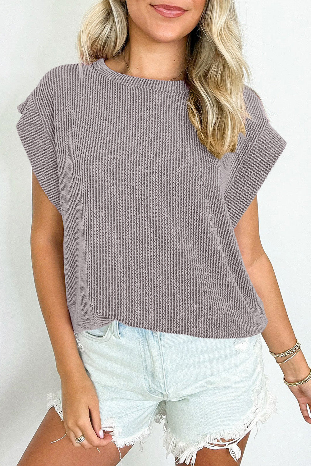 Gray Twisted Rib Wide Sleeve Crew Neck T Shirt-Tops/Tops & Tees-[Adult]-[Female]-Gray-S-2022 Online Blue Zone Planet