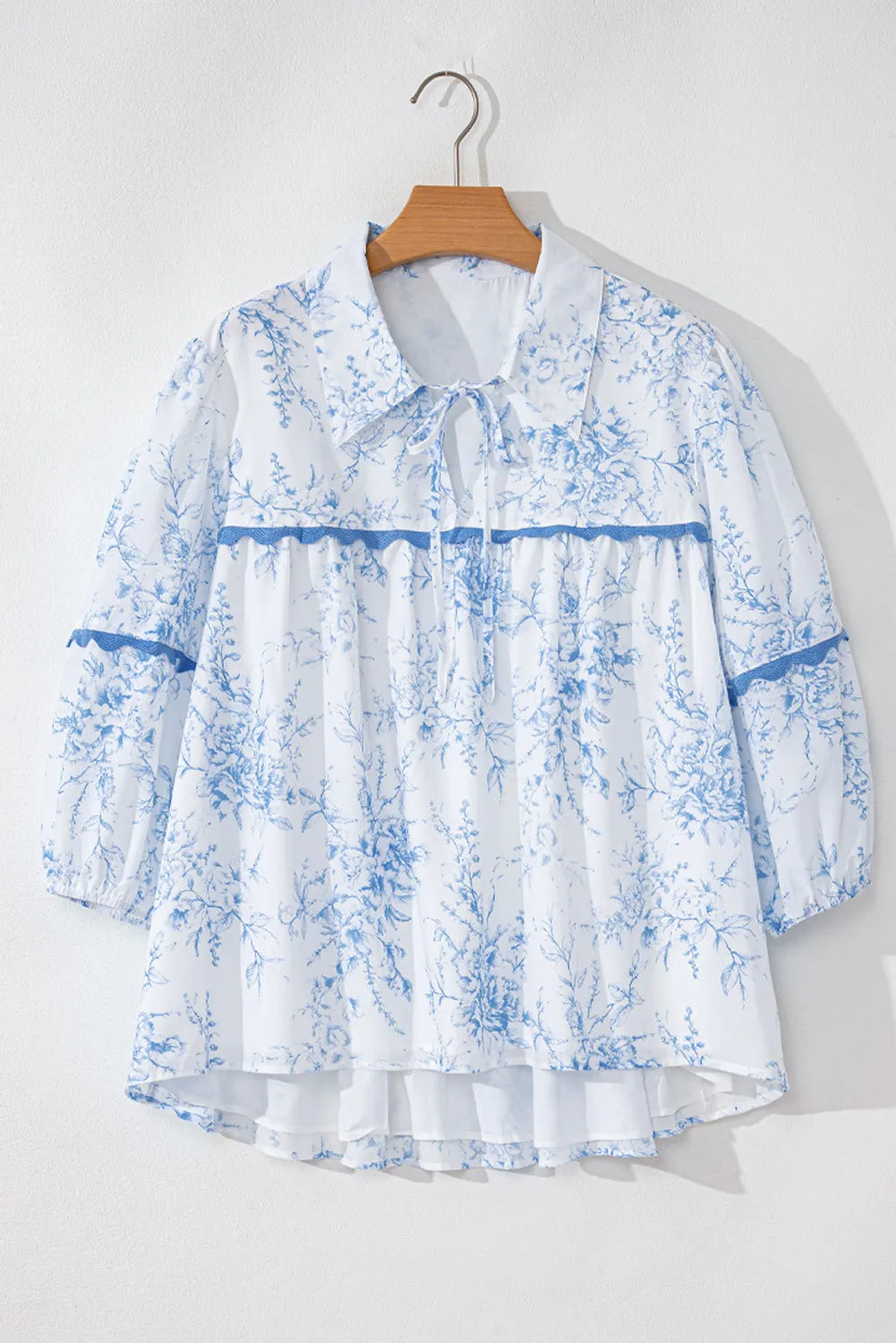 Printed Tie Neck Three-Quarter Sleeve Blouse-TOPS / DRESSES-[Adult]-[Female]-2022 Online Blue Zone Planet