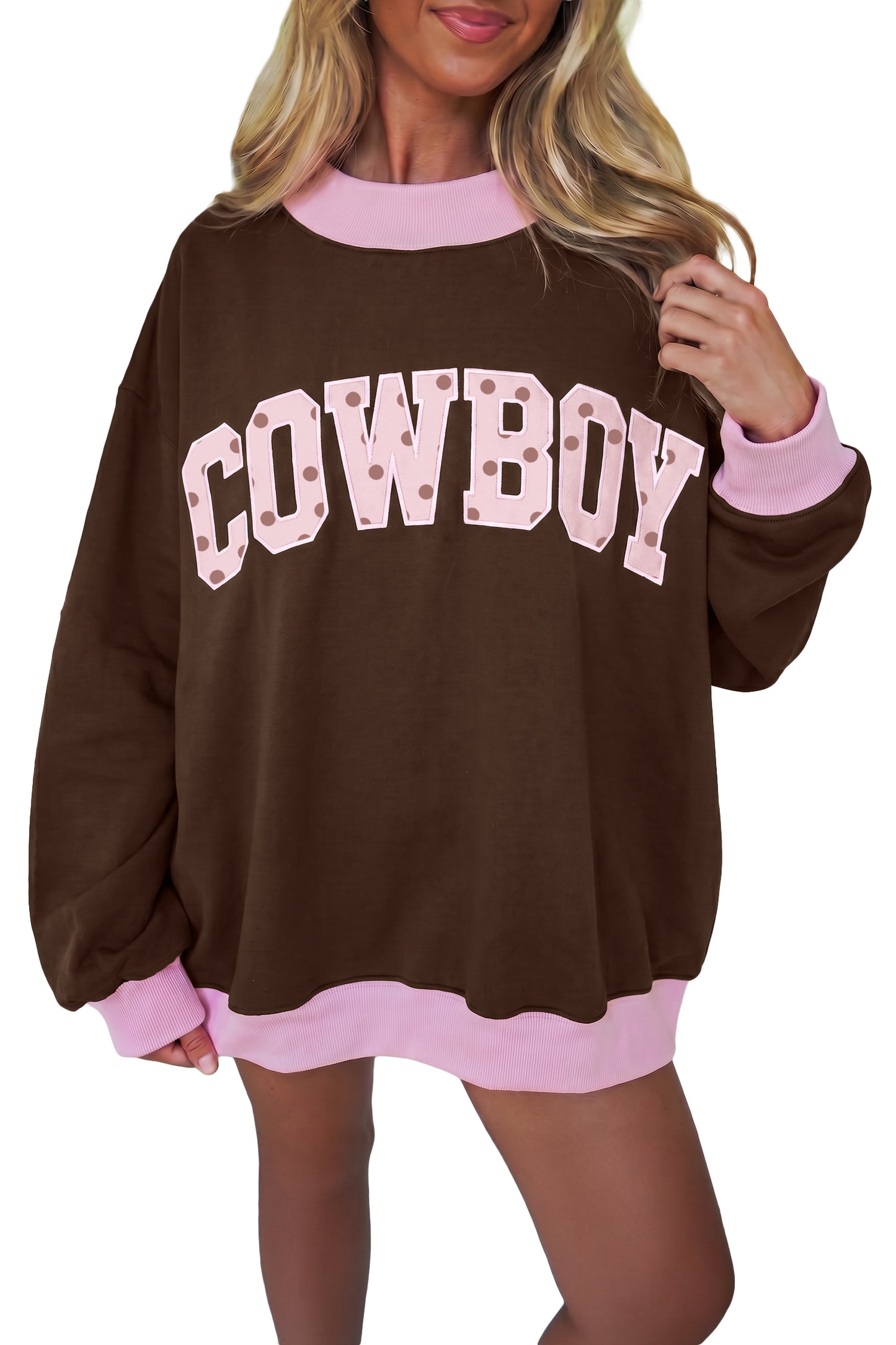 Pink Polka Dot Letter Graphic Colorblock Tunic Sweatshirt-Tops/Sweatshirts & Hoodies-[Adult]-[Female]-2022 Online Blue Zone Planet
