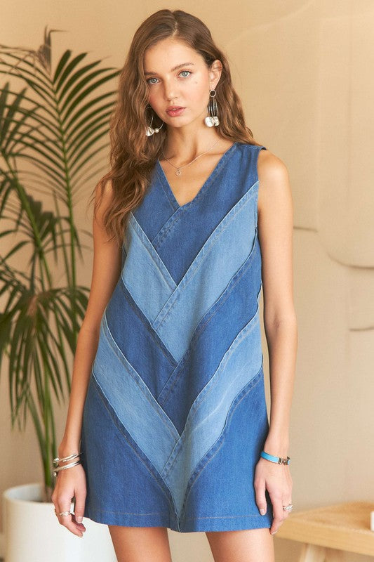 ADORA Chevron Color Block V-Neck Denim Dress-TOPS / DRESSES-[Adult]-[Female]-2022 Online Blue Zone Planet