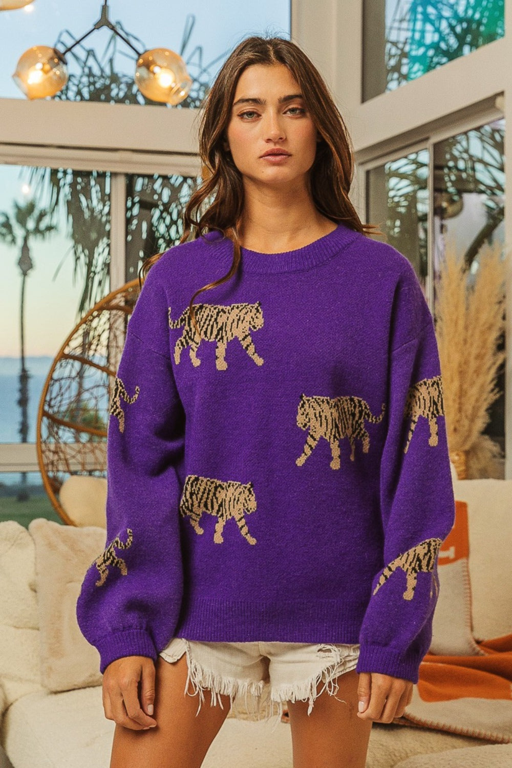 BiBi Tiger Pattern Long Sleeve Sweater-TOPS / DRESSES-[Adult]-[Female]-2022 Online Blue Zone Planet