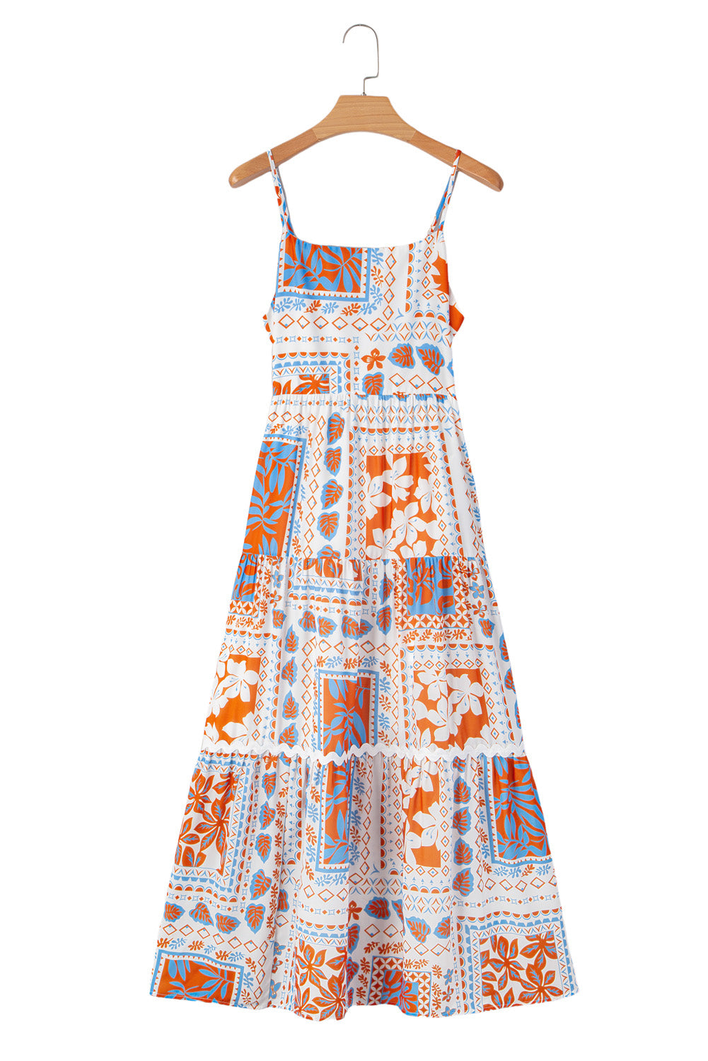 Orange Multi Printed Ricrac Trim Spaghetti Straps Maxi Dress-TOPS / DRESSES-[Adult]-[Female]-2022 Online Blue Zone Planet