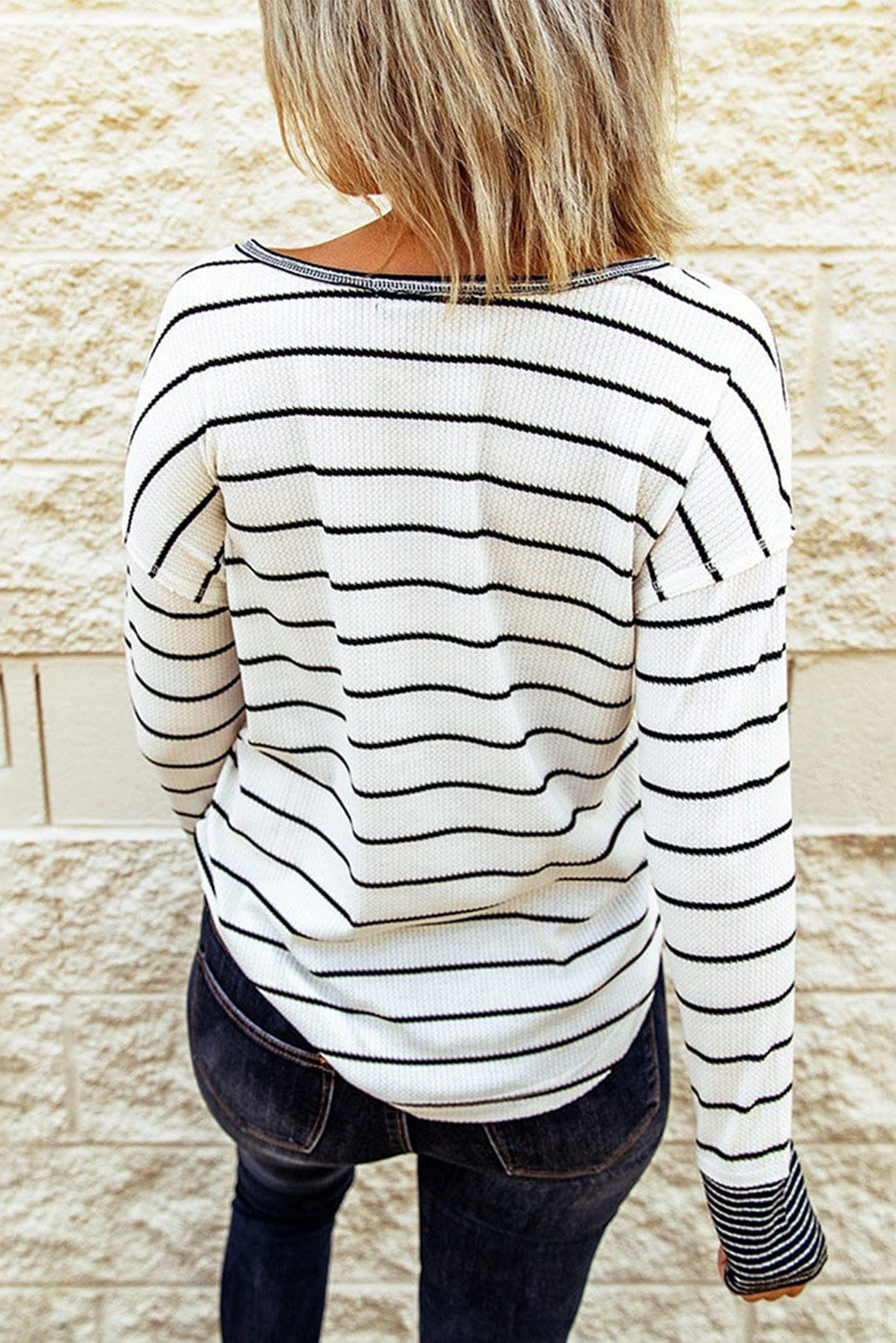White Striped Buttoned Henley Waffle Knit Top-Tops/Blouses & Shirts-[Adult]-[Female]-2022 Online Blue Zone Planet