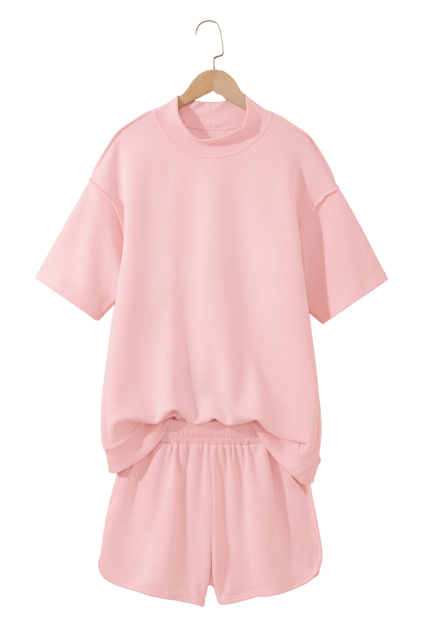 Light Pink Solid Color Exposed Seam Mock Neck Oversize Tee Casual Shorts 2pcs Outfit-Two Piece Sets/Short Sets-[Adult]-[Female]-2022 Online Blue Zone Planet