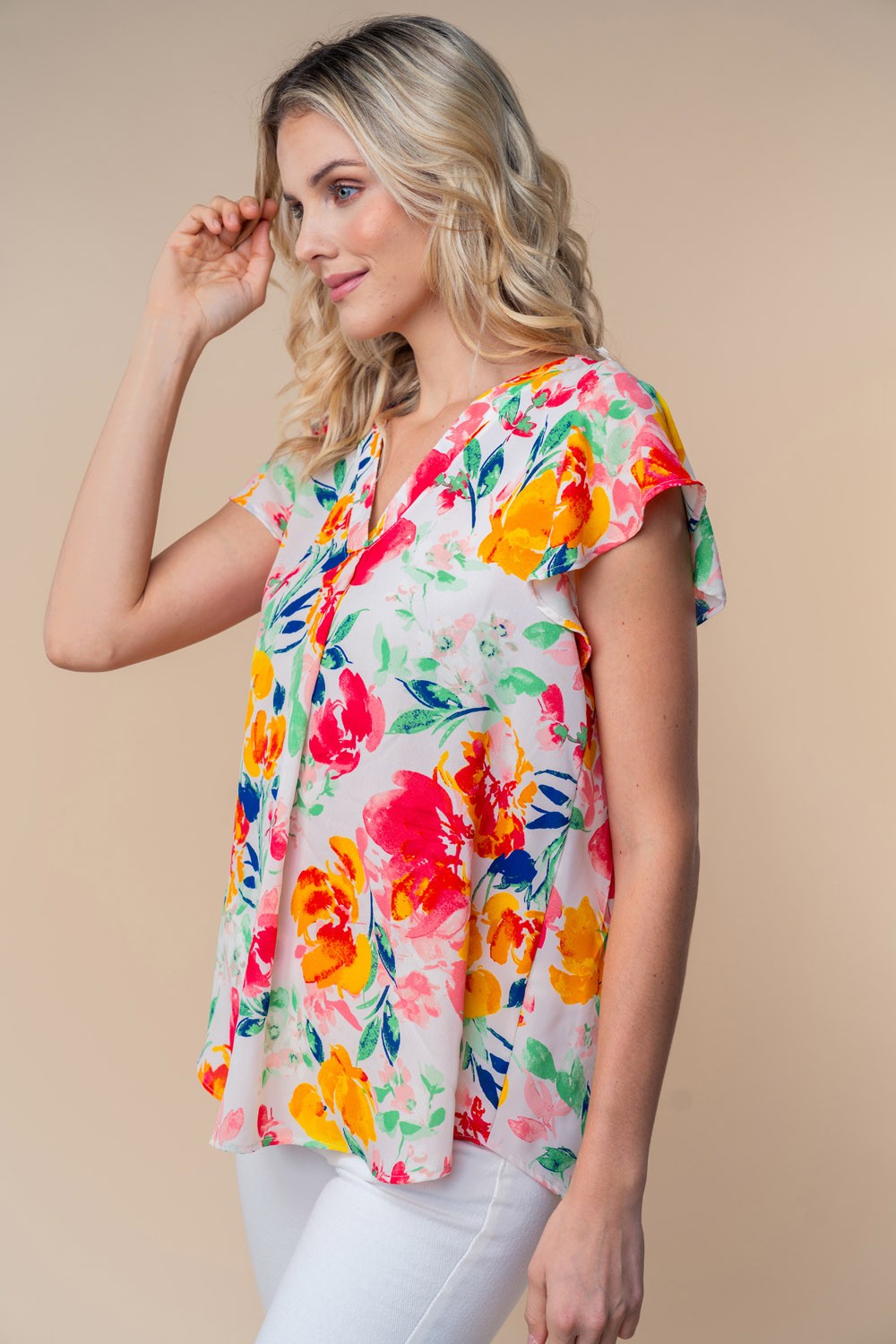 Blue Zone Planet | White Birch Full Size Short Sleeve Floral Woven Top-TOPS / DRESSES-[Adult]-[Female]-2022 Online Blue Zone Planet