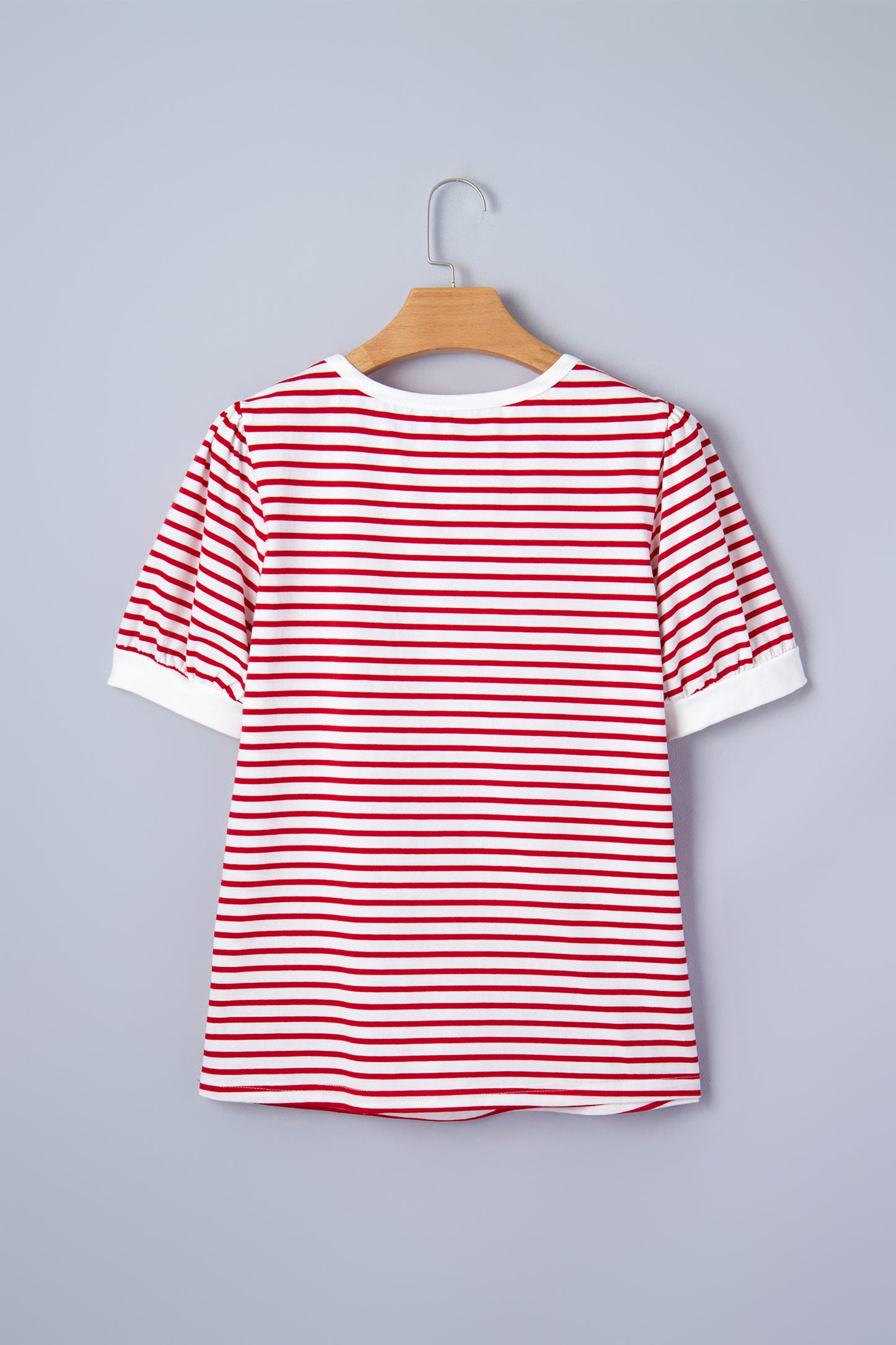 Red Stripe Contrast Trim Round Neck Short Puff Sleeve T Shirt-Tops/Tops & Tees-[Adult]-[Female]-2022 Online Blue Zone Planet