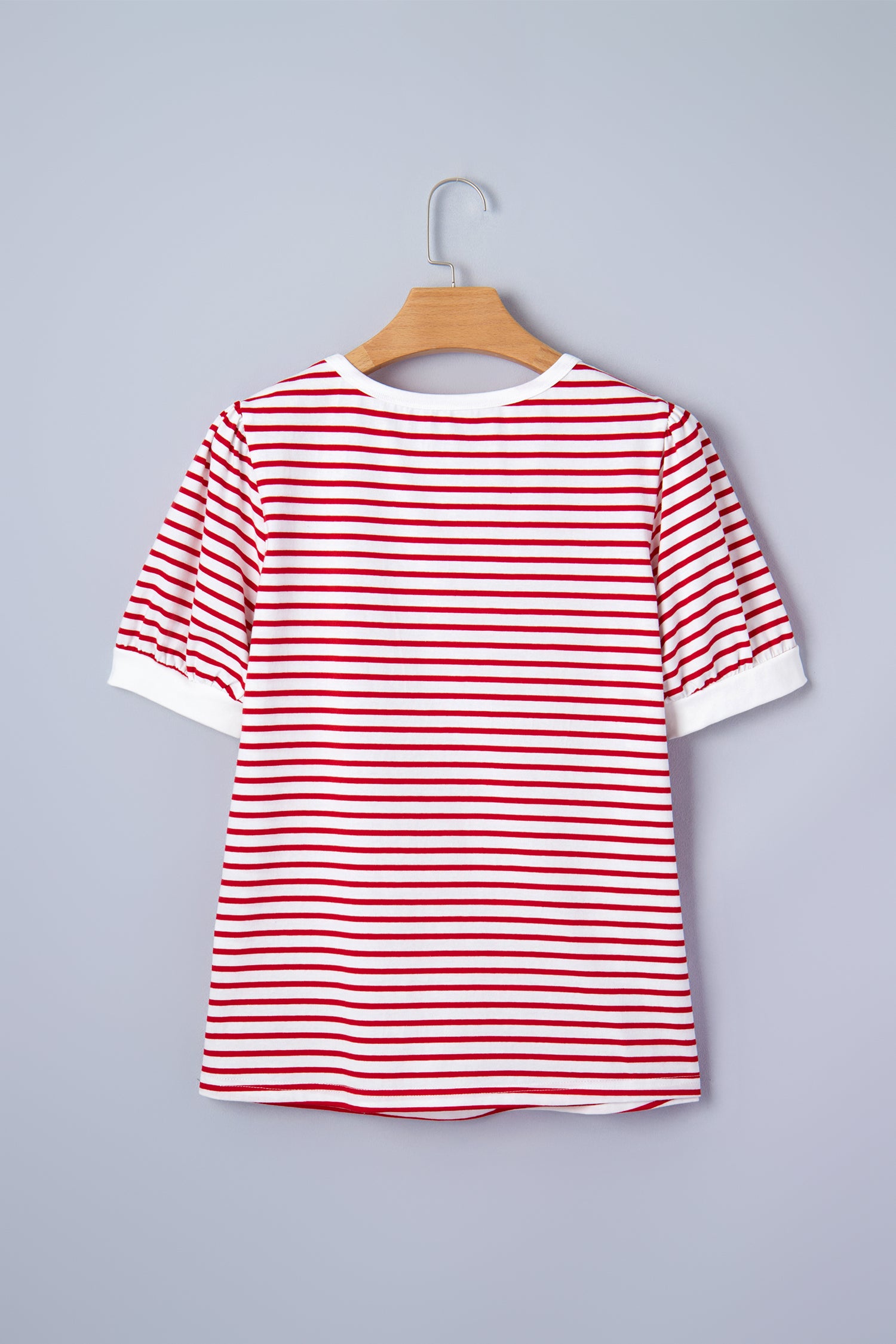 Red Stripe Contrast Trim Round Neck Short Puff Sleeve T Shirt-Tops/Tops & Tees-[Adult]-[Female]-2022 Online Blue Zone Planet