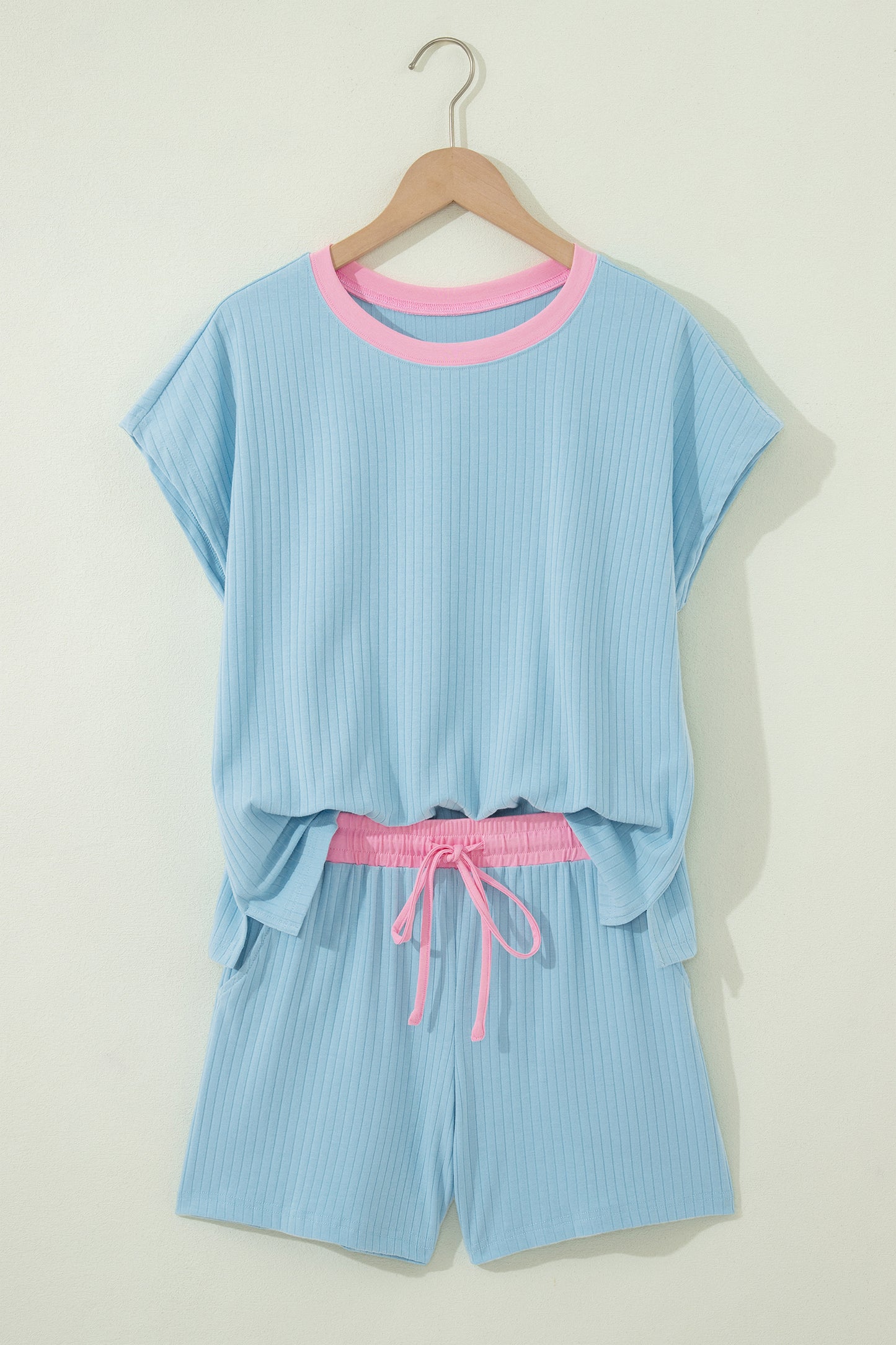 Mist Blue Soft Ribbed Color Block Trim Casual Short Set-Two Piece Sets/Short Sets-[Adult]-[Female]-2022 Online Blue Zone Planet