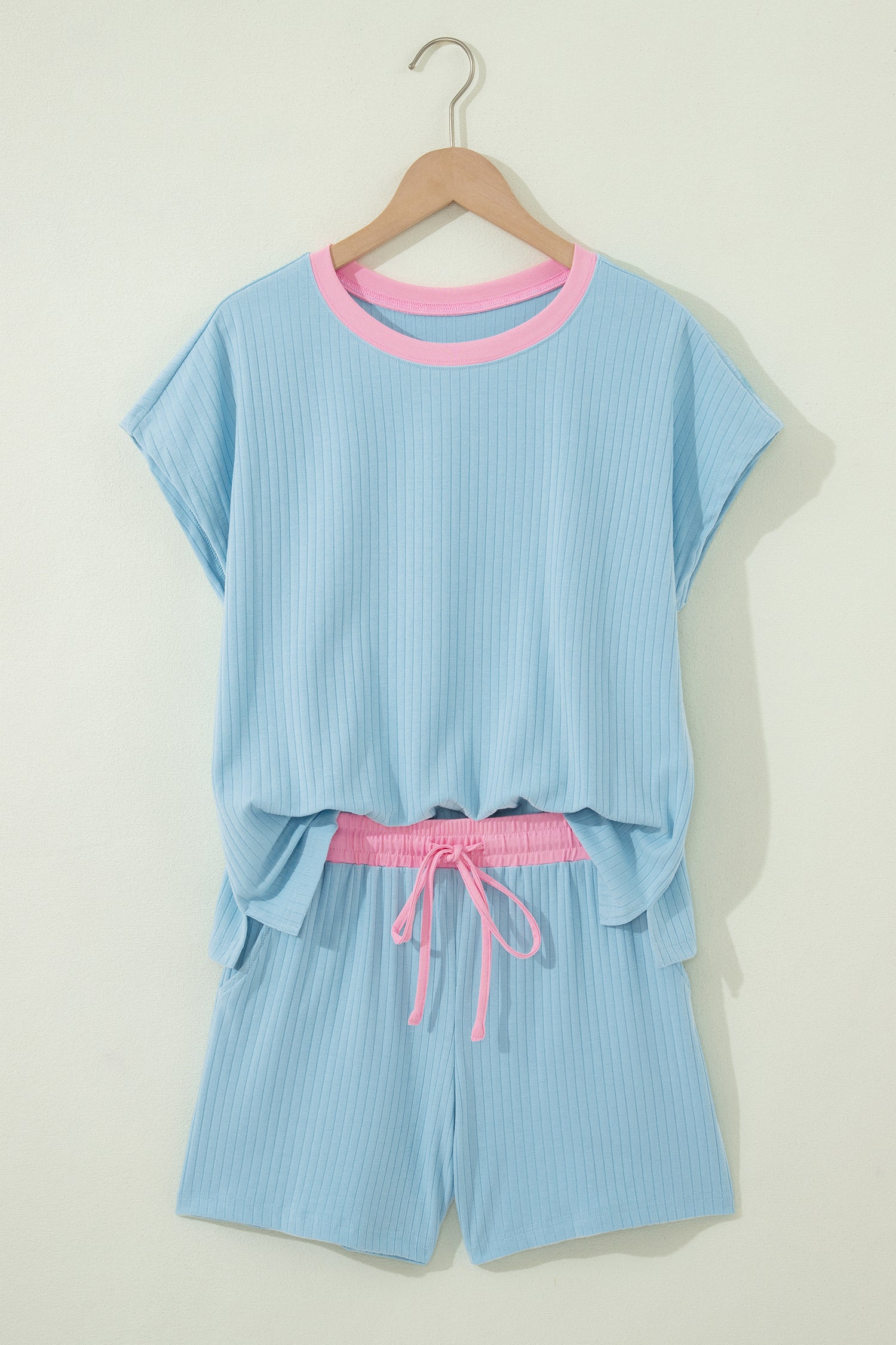 Mist Blue Soft Ribbed Color Block Trim Casual Short Set-Two Piece Sets/Short Sets-[Adult]-[Female]-2022 Online Blue Zone Planet