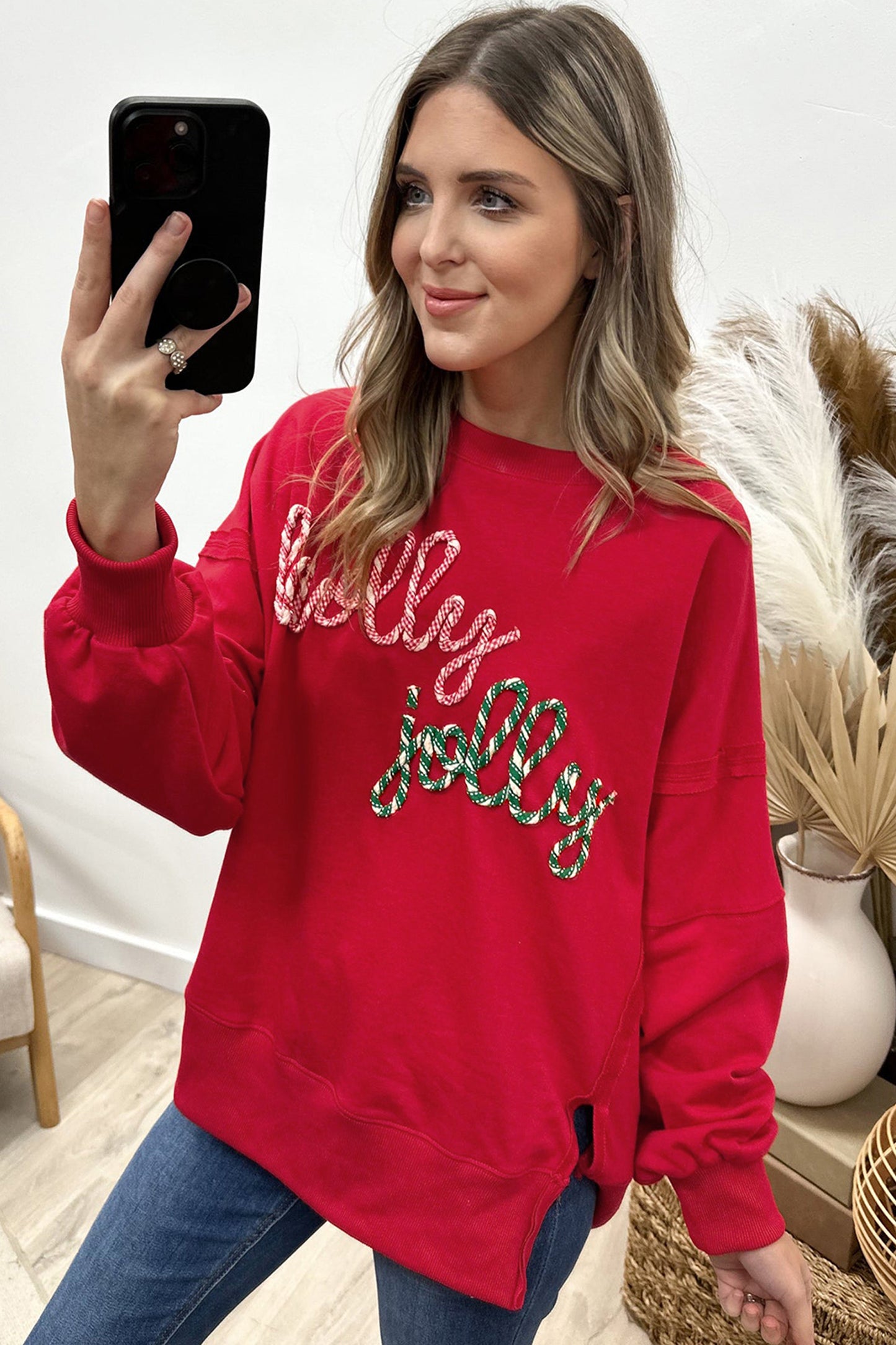Racing Red Holly Jolly Embroidered Graphic Baggy Sweatshirt-Tops/Sweatshirts & Hoodies-[Adult]-[Female]-2022 Online Blue Zone Planet