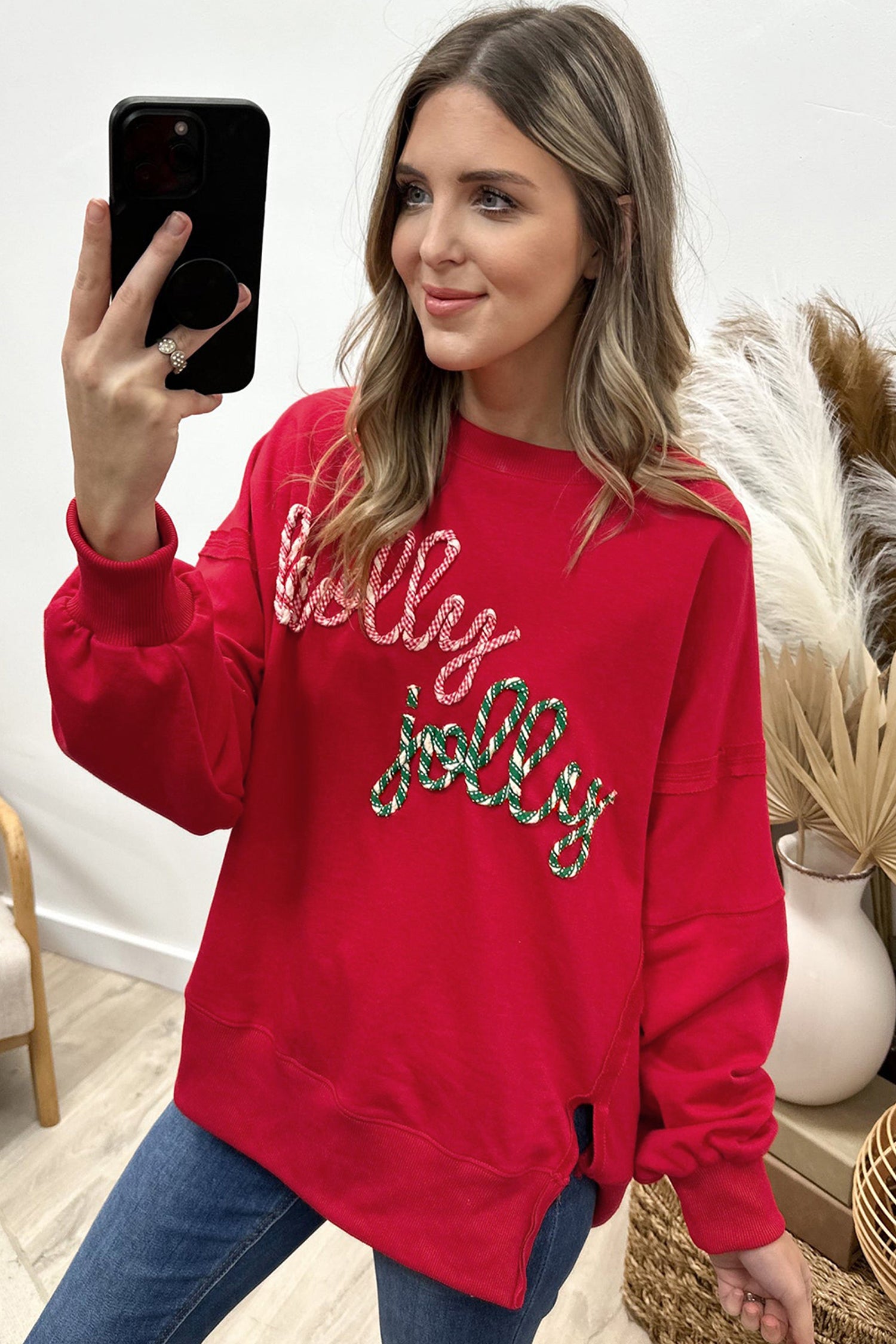 Racing Red Holly Jolly Embroidered Graphic Baggy Sweatshirt-Tops/Sweatshirts & Hoodies-[Adult]-[Female]-2022 Online Blue Zone Planet