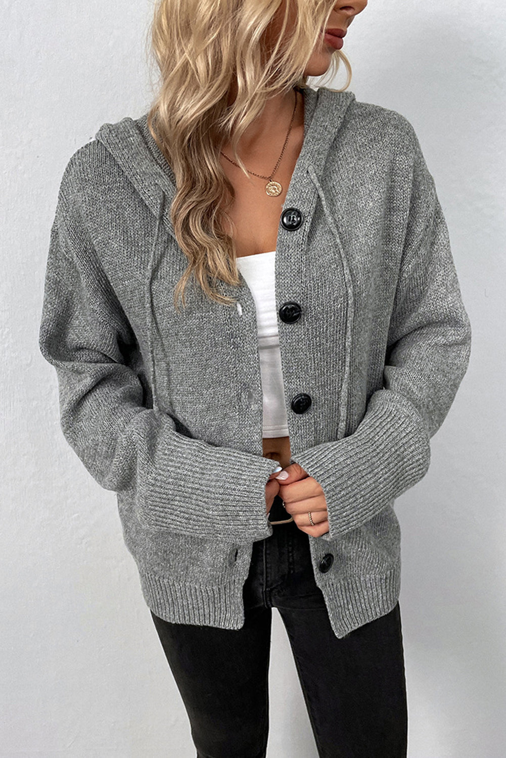 White Hooded Button Up Drop Shoulder Sweater Cardigan-Cardigans-[Adult]-[Female]-2022 Online Blue Zone Planet