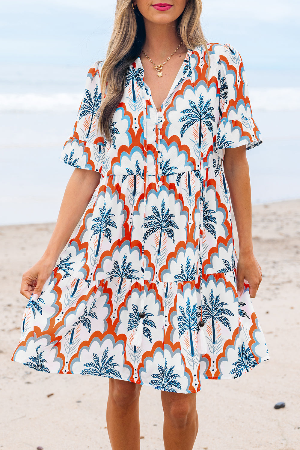 Orange Contrast Palm Tree Printed Short Sleeve Flowy Dress-TOPS / DRESSES-[Adult]-[Female]-2022 Online Blue Zone Planet