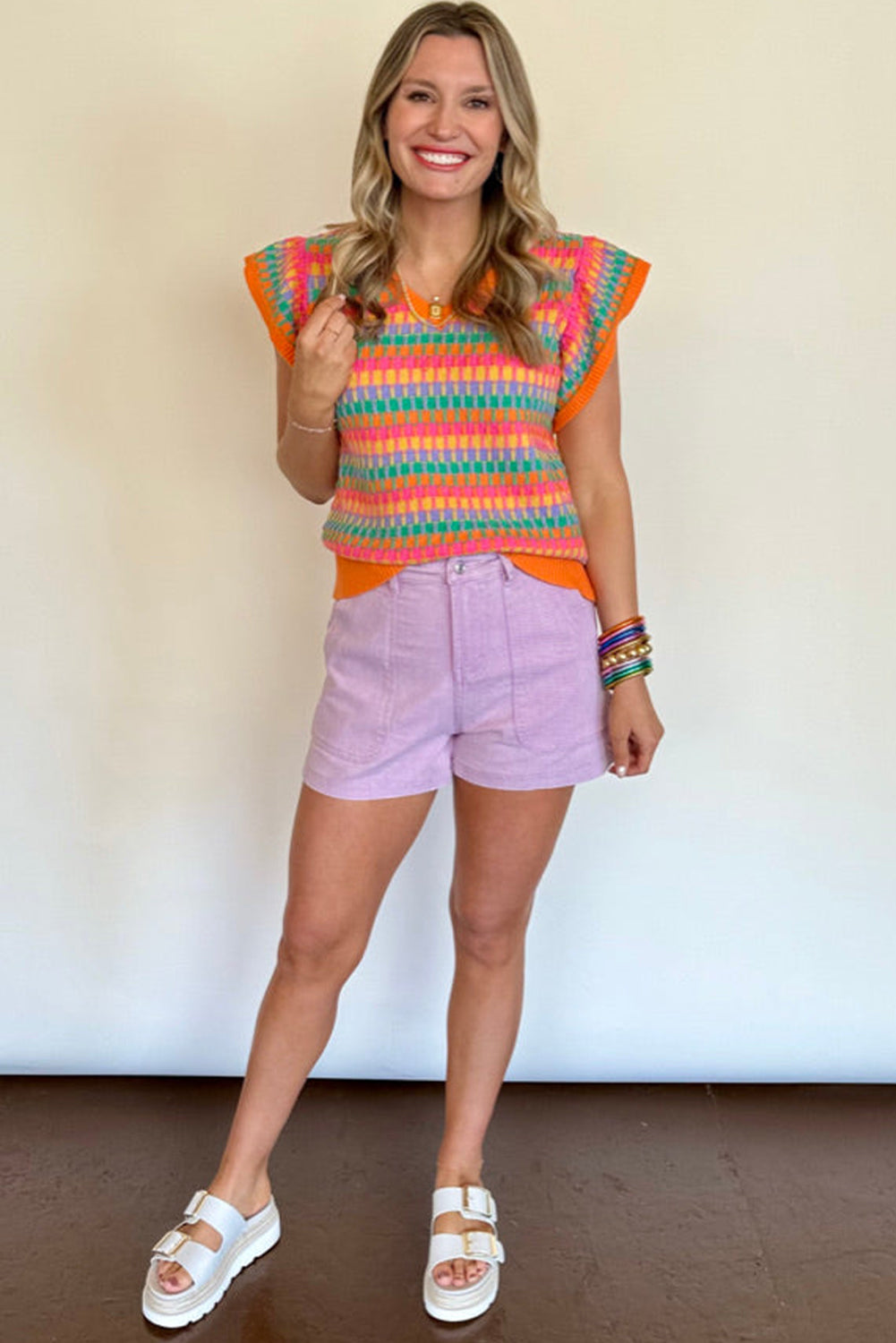 Orange Multi Flutter Sleeve Knitted Sweater Top-Sweaters & Cardigans/Short Sleeve Sweaters-[Adult]-[Female]-2022 Online Blue Zone Planet