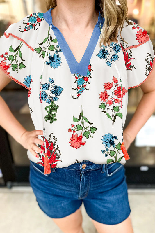 White Floral Print Contrast V Neck Tassel Tie Lace Detail Short Sleeve Blouse-Tops/Blouses & Shirts-[Adult]-[Female]-White-S-2022 Online Blue Zone Planet