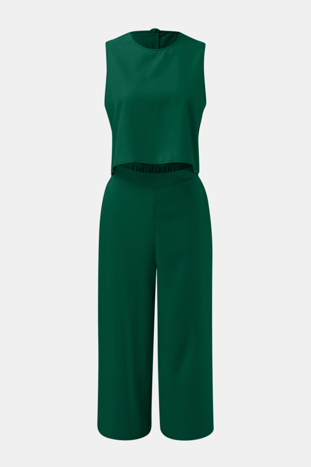 Round Neck Top and Wide Leg Pants Set-TOPS / DRESSES-[Adult]-[Female]-Dark Green-S-2022 Online Blue Zone Planet