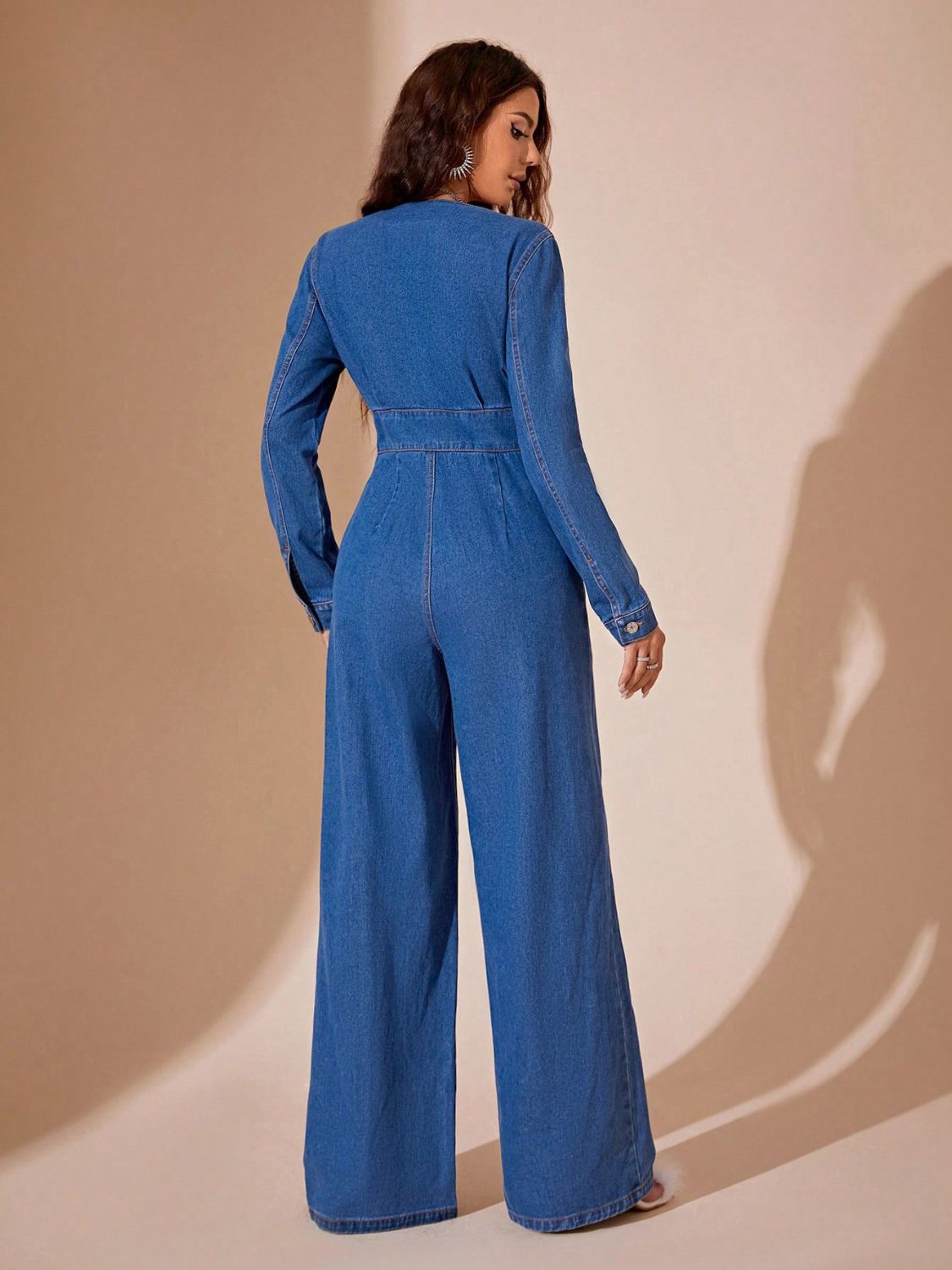 Plunge Long Sleeve Wide Leg Denim Jumpsuit-TOPS / DRESSES-[Adult]-[Female]-2022 Online Blue Zone Planet