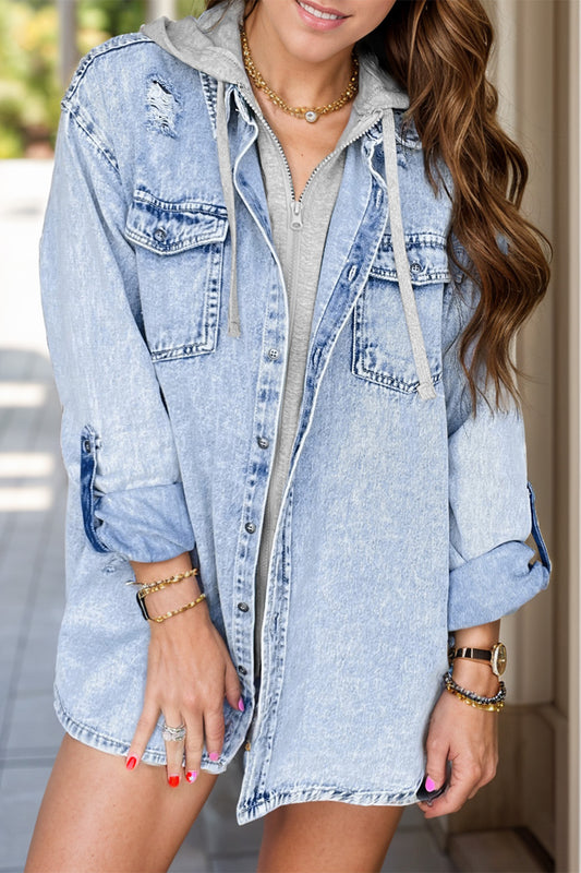 Blue Zone Planet | Distressed Button Up Long Sleeve Denim Jacket-TOPS / DRESSES-[Adult]-[Female]-Medium-S-2022 Online Blue Zone Planet