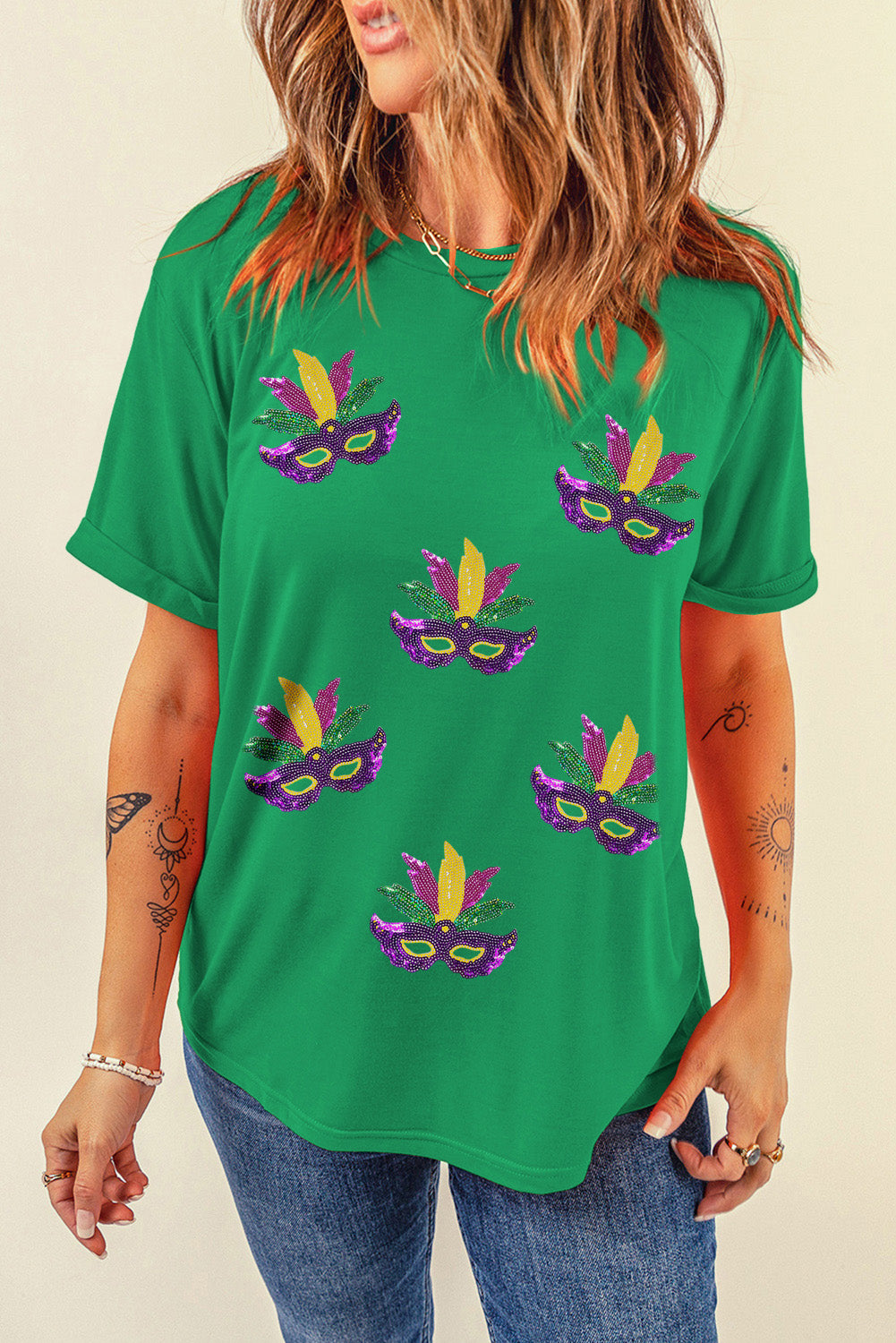 Bright Green Sequin Mardi Gras Pattern Graphic Crewneck Tee-Graphic Tees-[Adult]-[Female]-2022 Online Blue Zone Planet