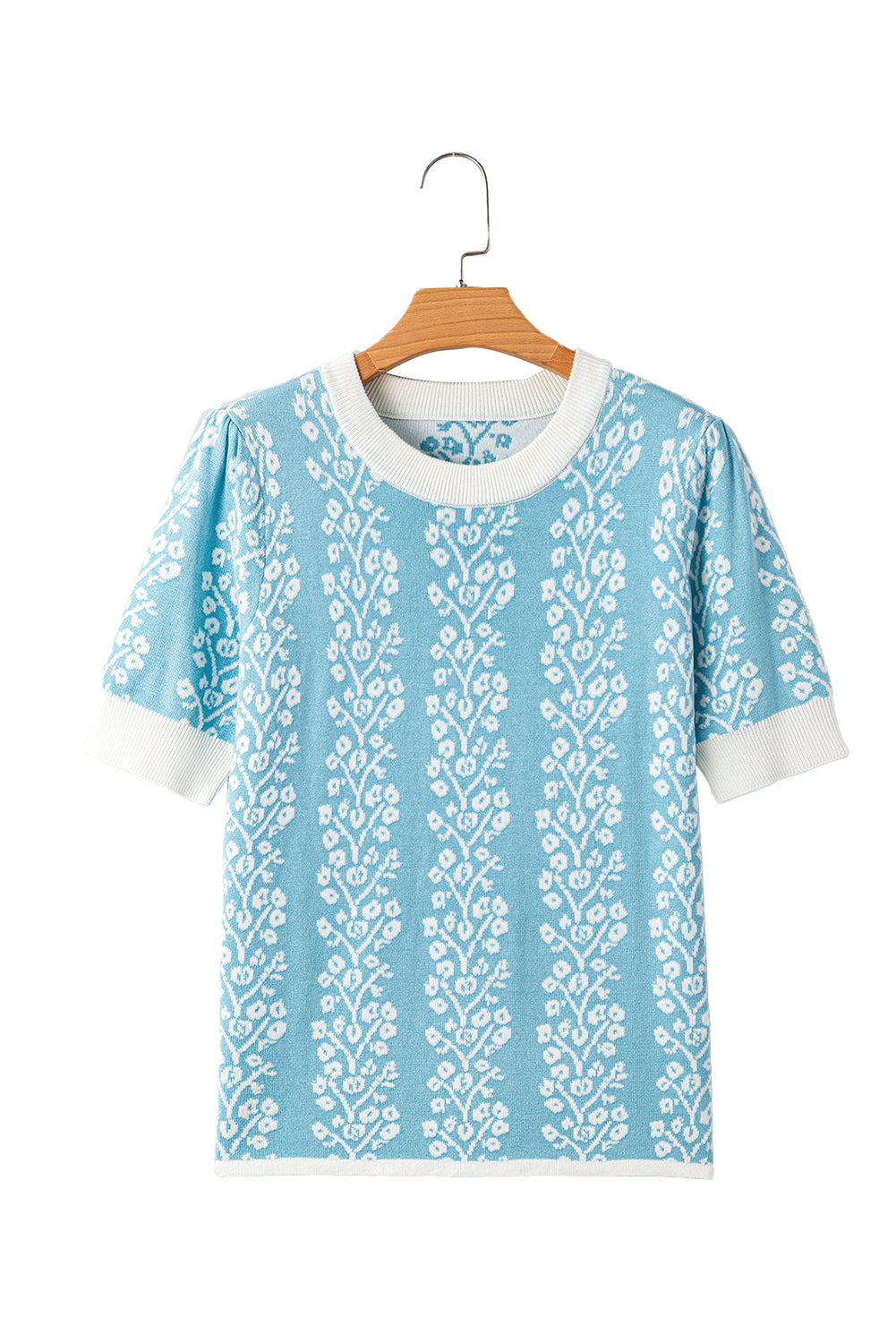Sky Blue Contrast Floral Crewneck Short Sleeve Sweater-TOPS / DRESSES-[Adult]-[Female]-2022 Online Blue Zone Planet