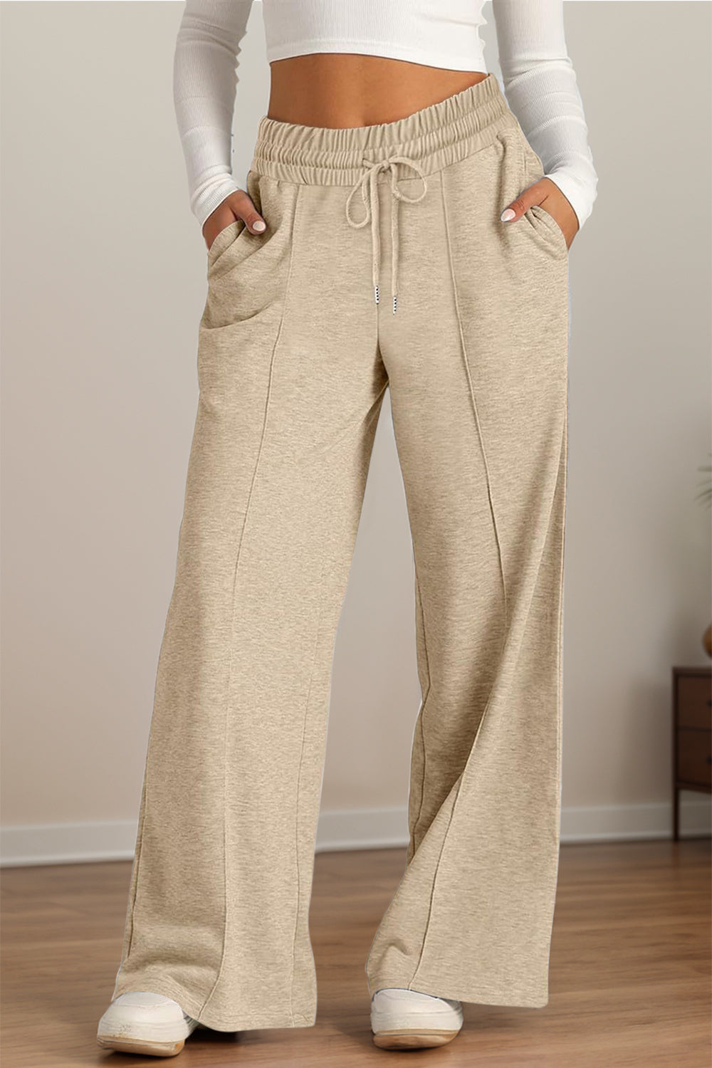 Drawstring Elastic Waist Wide Leg Pants-BOTTOMS SIZES SMALL MEDIUM LARGE-[Adult]-[Female]-Tan-S-2022 Online Blue Zone Planet