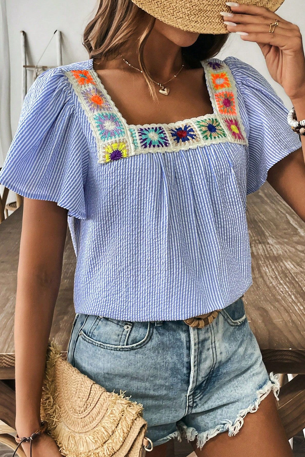 Sky Blue Stripe Textured Ruffle Short Sleeve Boho Detail Square Neck Blouse-Tops/Blouses & Shirts-[Adult]-[Female]-2022 Online Blue Zone Planet